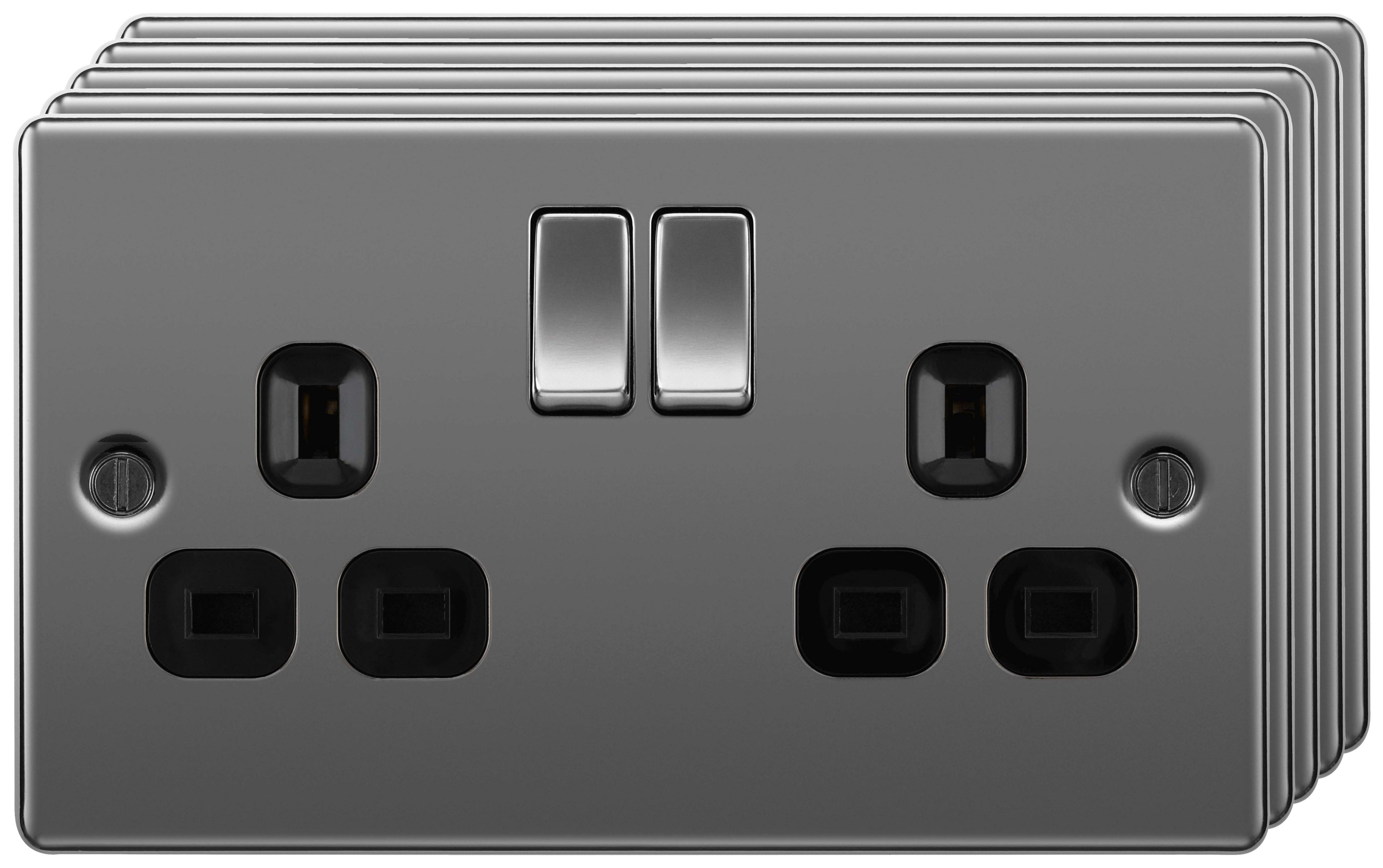 BG 13A Screwed Raised Plate Double Switched Power Socket Double Pole 5 Pack - Black Nickel