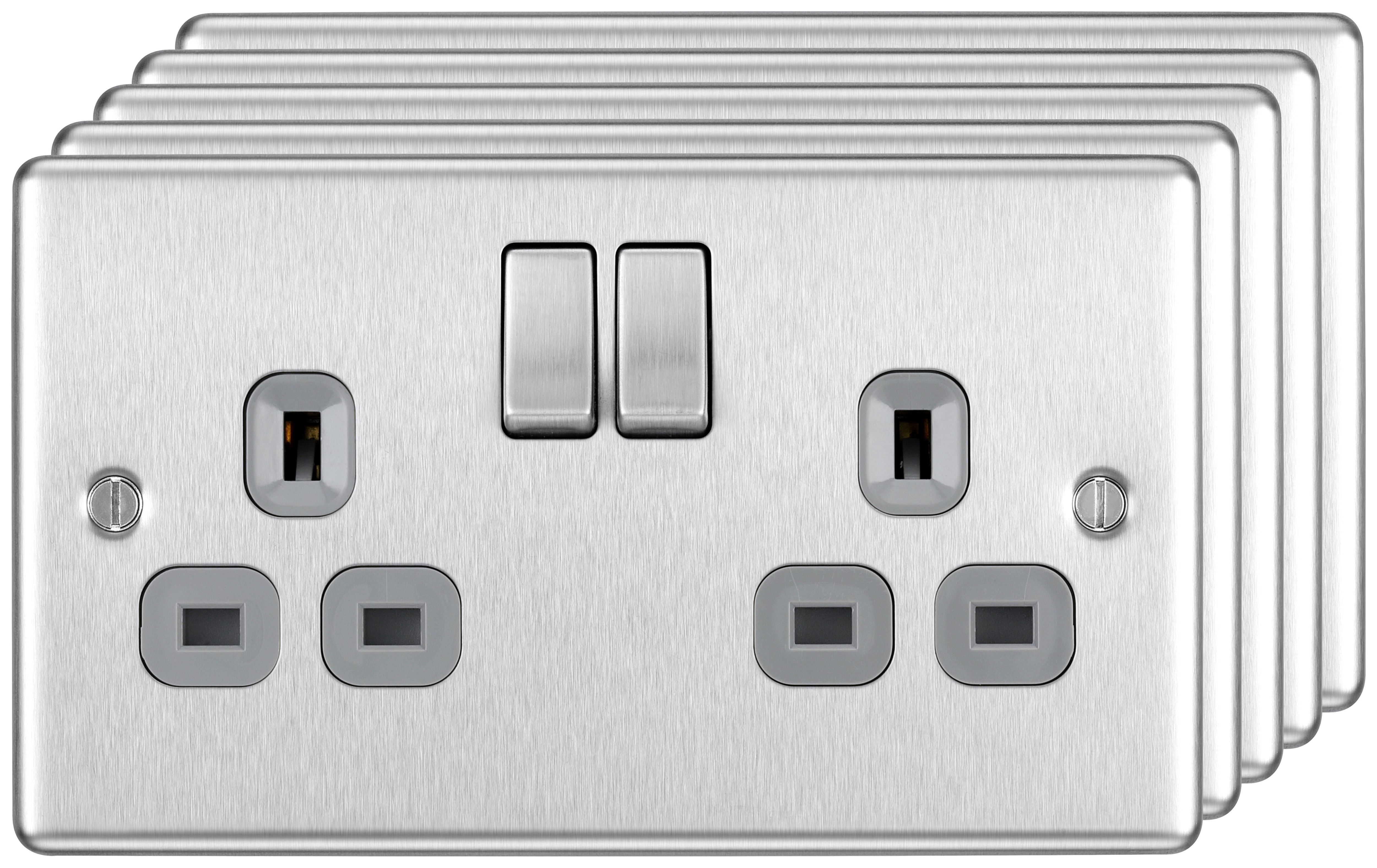 BG 13A Double Pole Screwed Raised Plate Double Switched Power Socket - Brushed Steel - Pack of 5