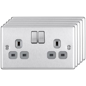 BG 13A Screwed Raised Plate Double Switched Power Socket Double Pole 5 Pack - Brushed Steel