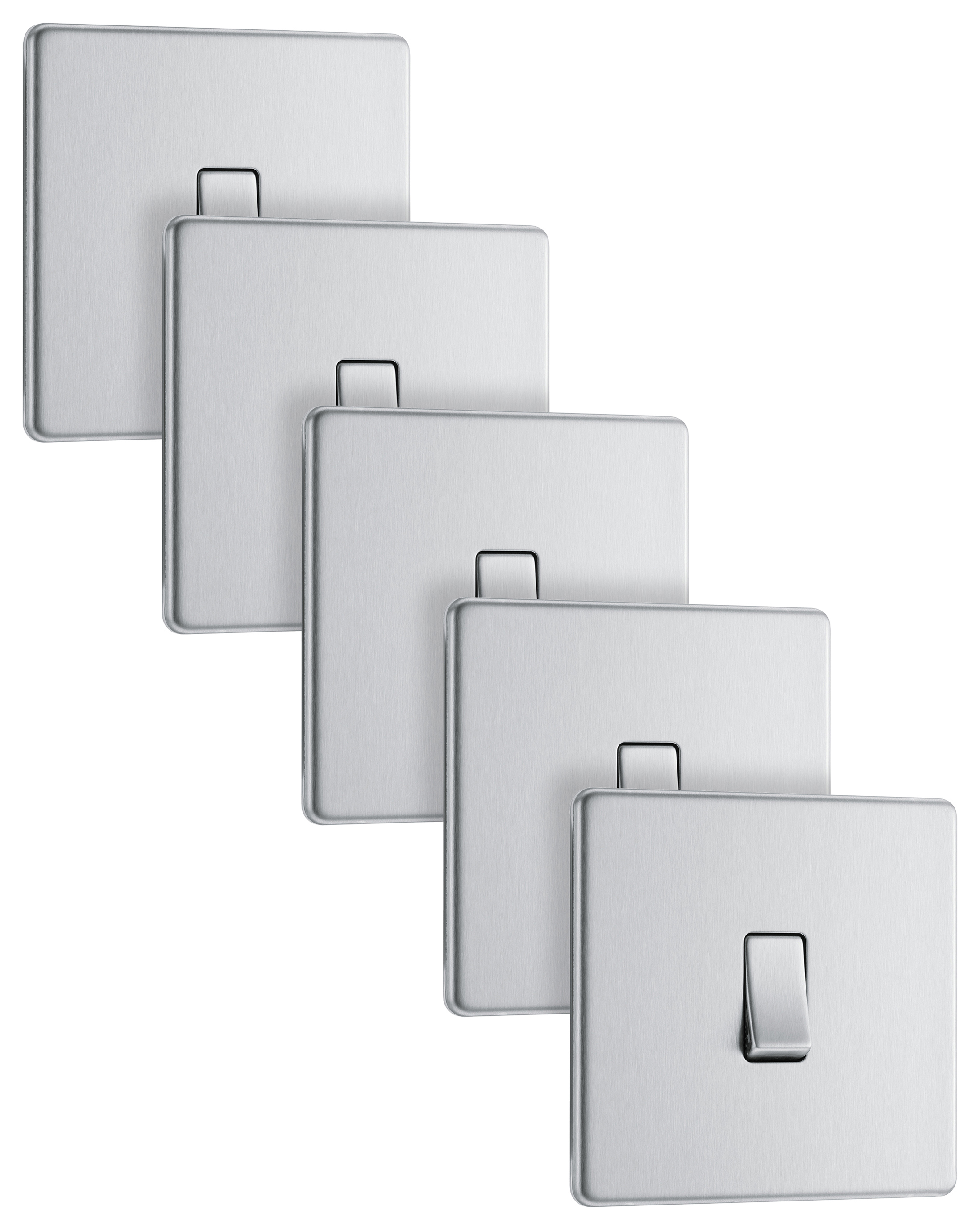 BG 10Ax Screwless Flat Plate Single Switch 2 Way 5 Pack - Brushed Steel