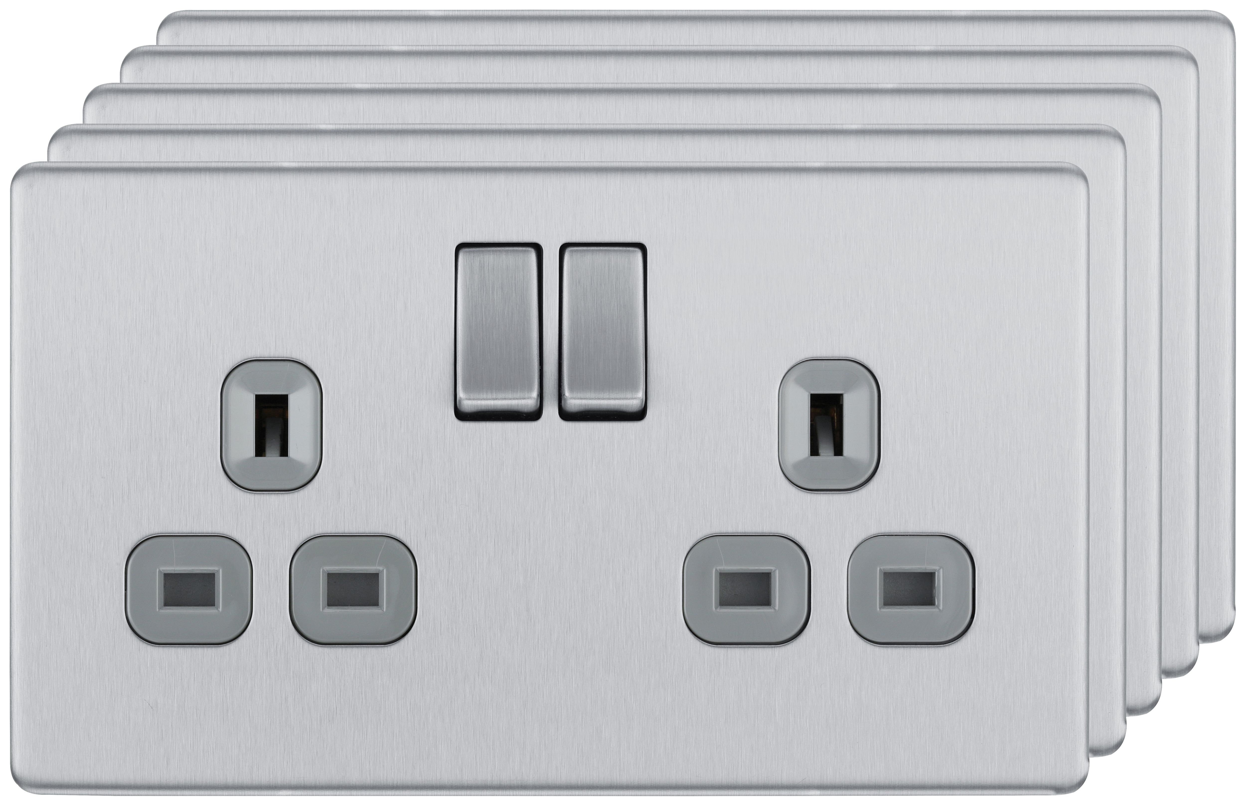 Image of BG 13A Screwless Flat Plate Double Switched Power Socket Double Pole 5 Pack - Brushed Steel
