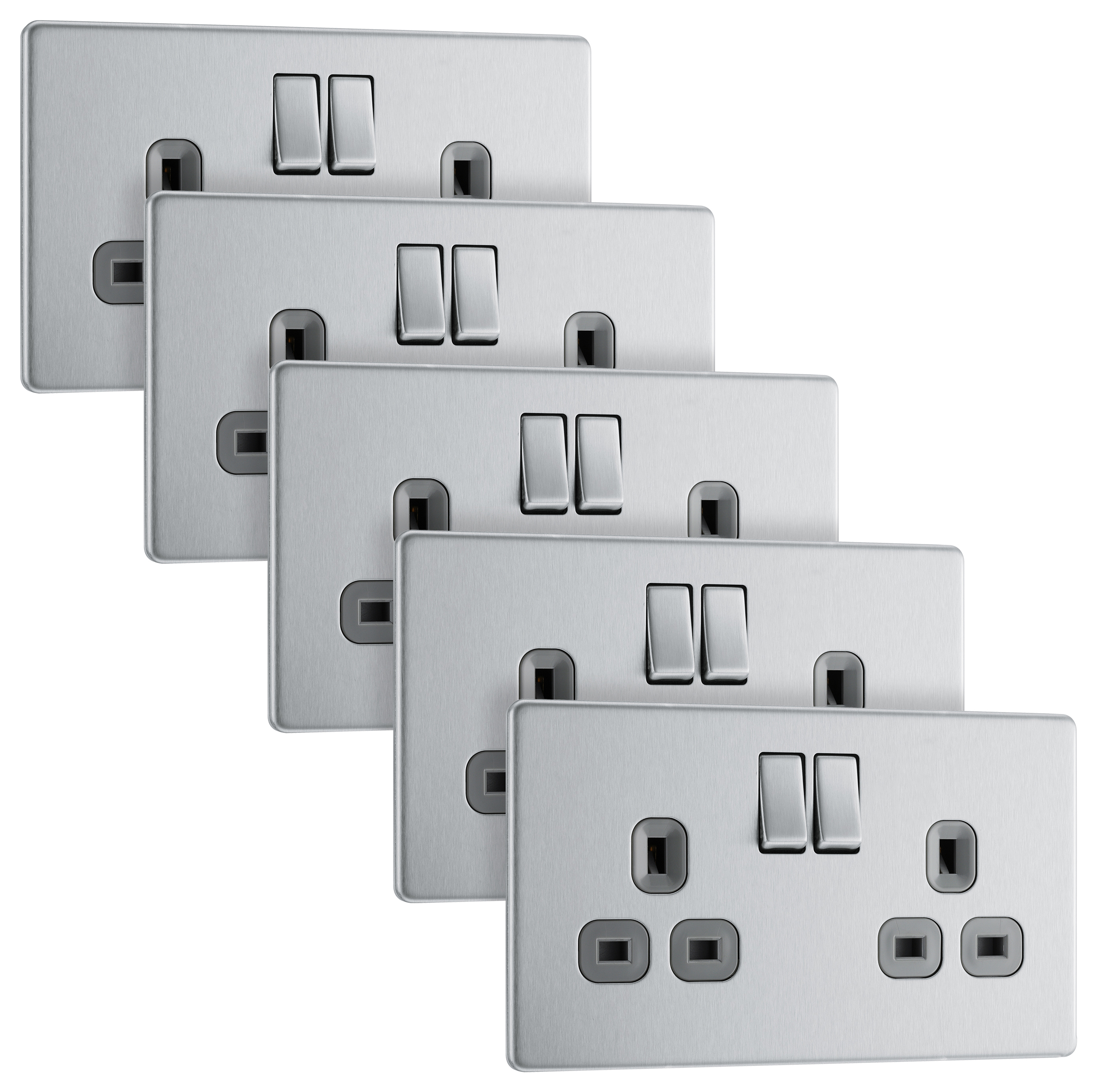 Image of BG 13A Screwless Flat Plate Double Switched Power Socket Double Pole 5 Pack - Brushed Steel