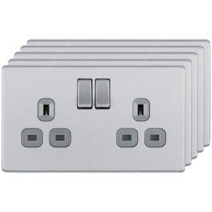 BG 13A Screwless Flat Plate Double Switched Power Socket Double Pole 5 Pack - Brushed Steel