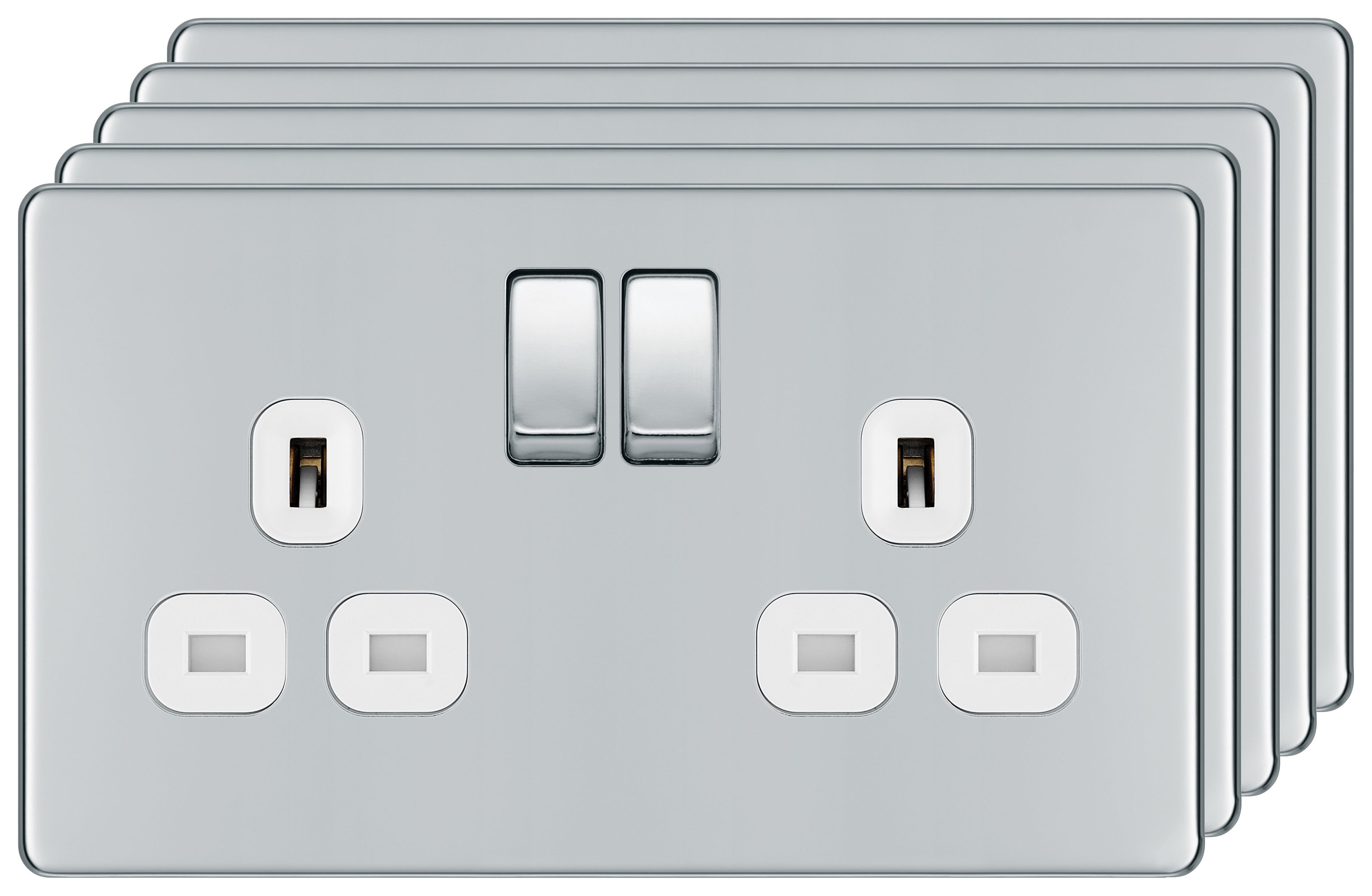 Image of BG 13A Screwless Flat Plate Double Switched Power Socket Double Pole 5 Pack - Polished Chrome