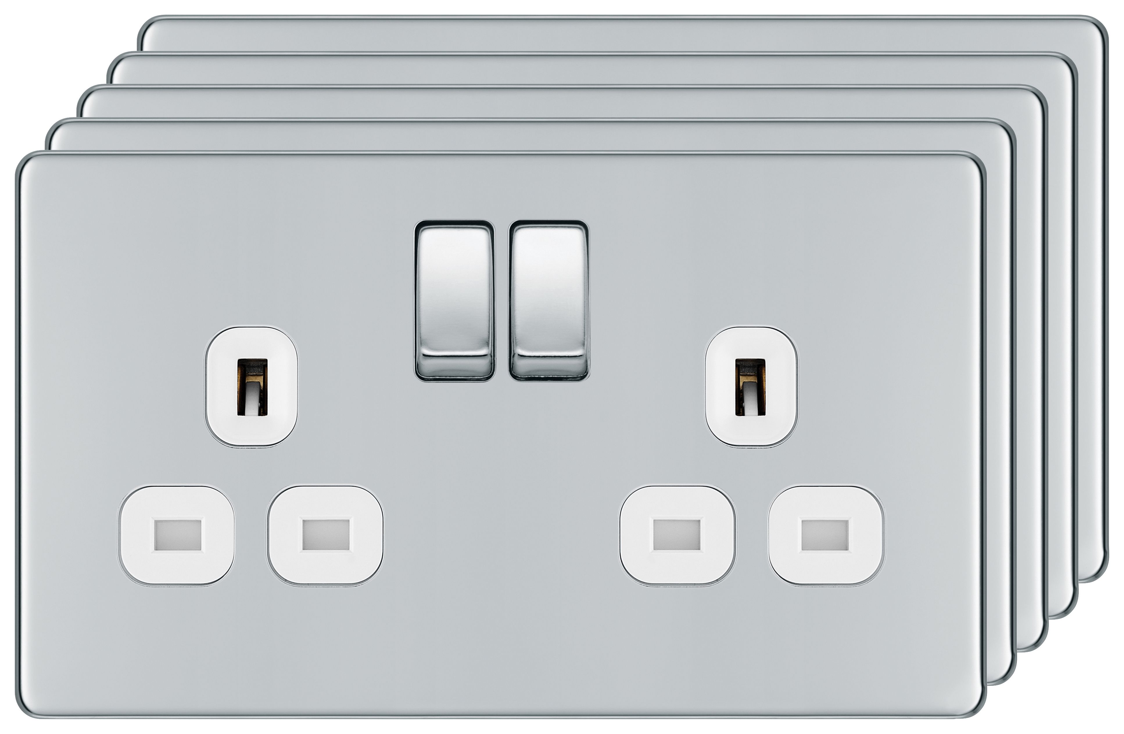 BG 13A Screwless Flat Plate Double Switched Power Socket Double Pole 5 Pack - Polished Chrome