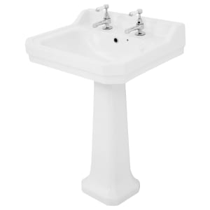 Image of Wickes Oxford Traditional 2 Tap Hole Ceramic Bathroom Basin with Full Pedestal - 610mm