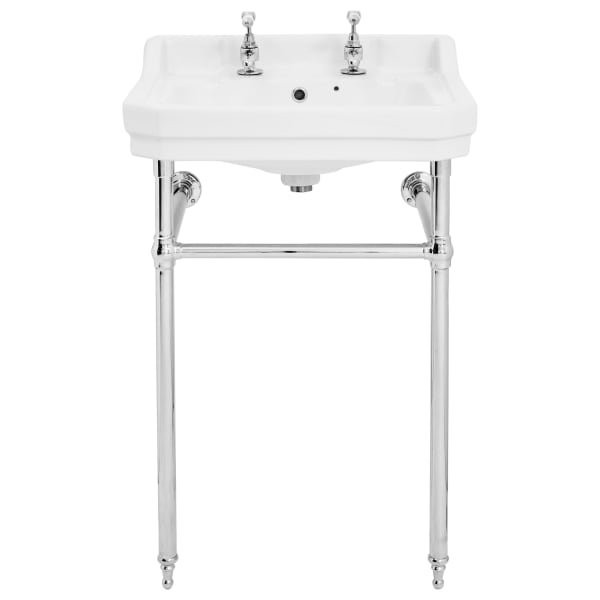 Wickes Oxford Traditional 2 Tap Hole Ceramic Bathroom Basin with Chrome Washstand - 610mm