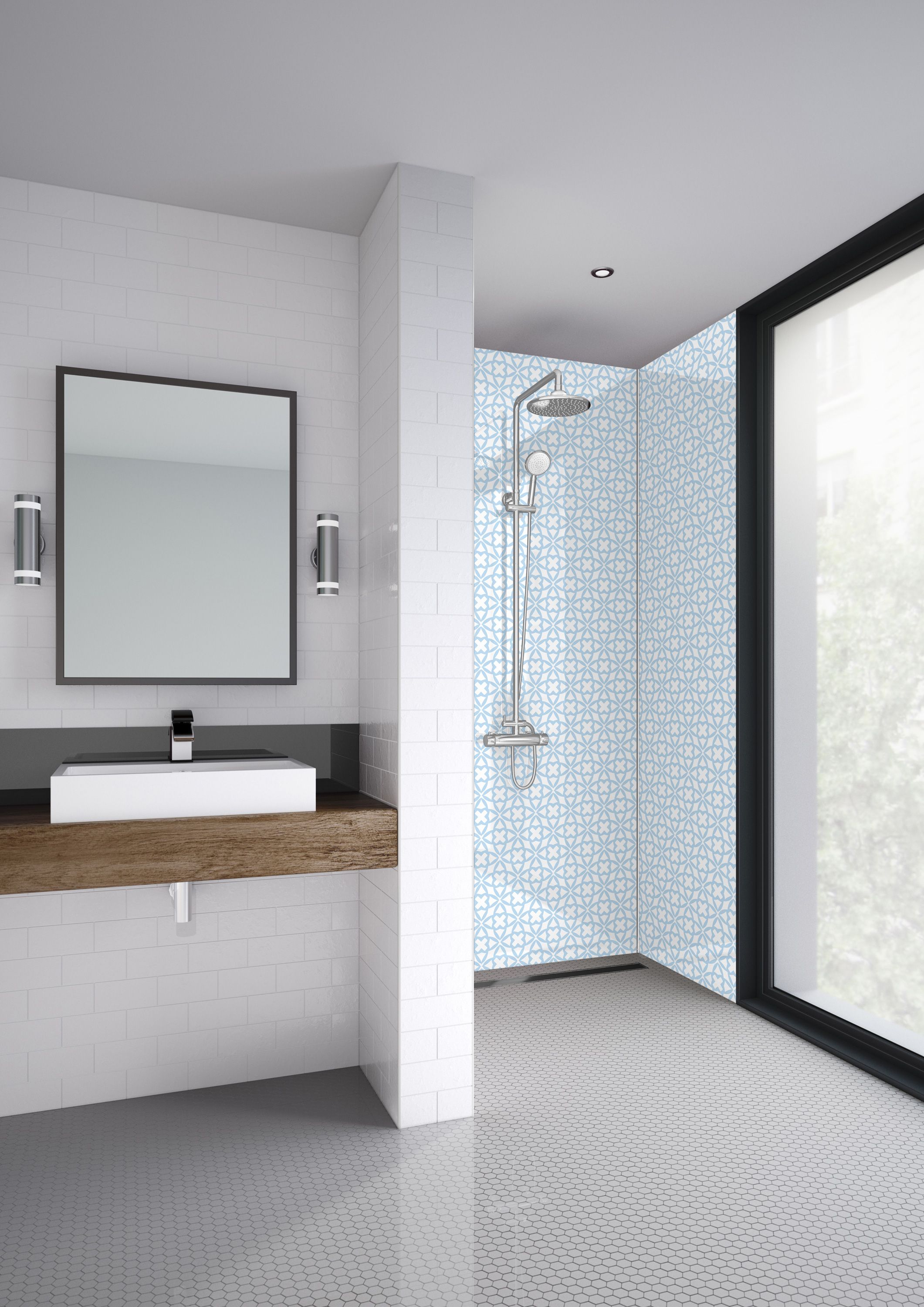 Mermaid Blue Florals Acrylic 2 Sided Shower Panel Kit - 900 x 900mm