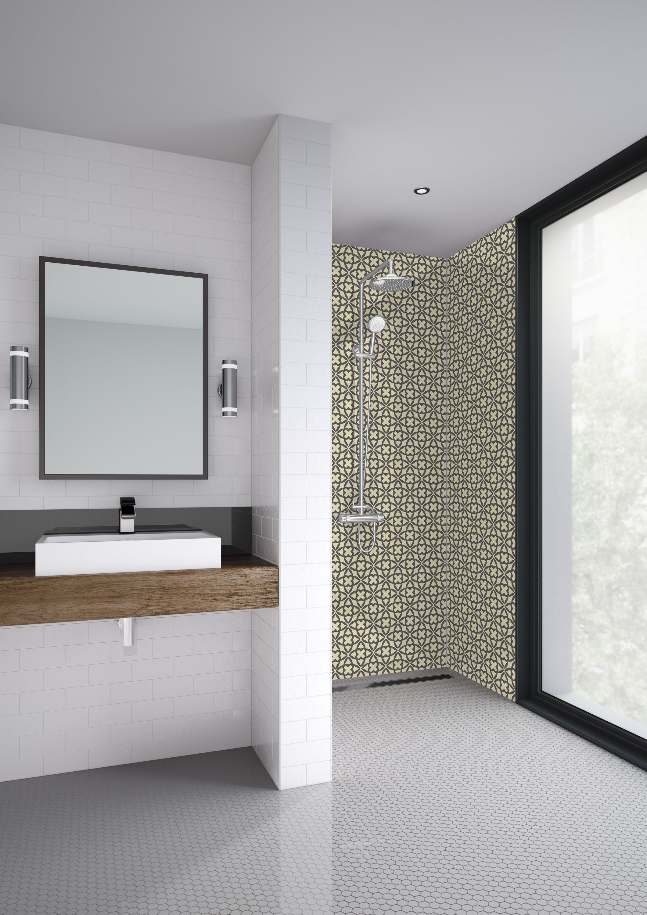 Image of Mermaid Black Florals 3 Sided Acrylic Shower Panel Kit - 1200 x 900mm