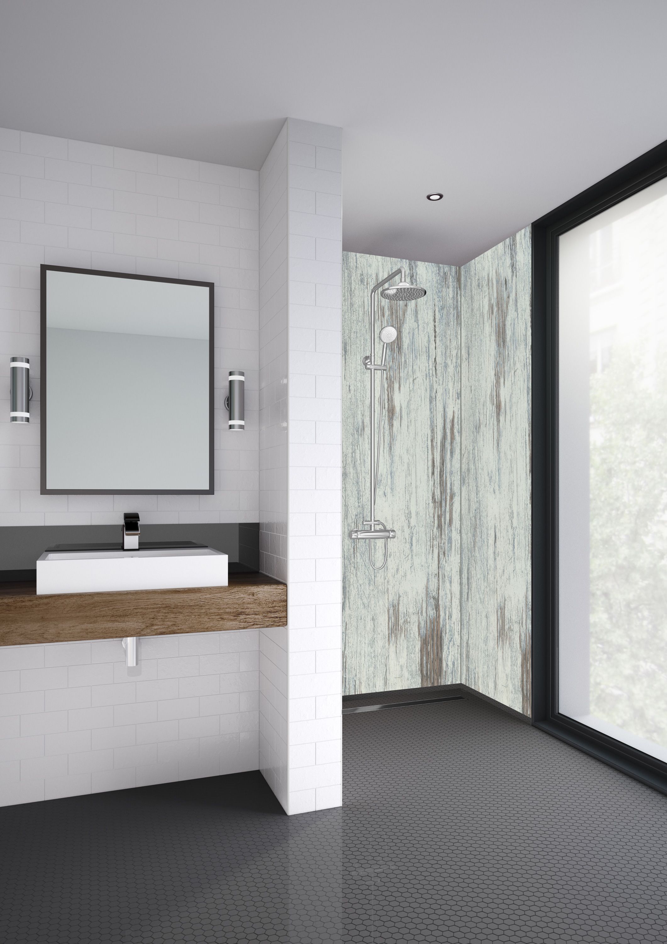 Image of Mermaid Vintage Wood Laminate 2 Sided Shower Panel Kit - 900 x 900mm