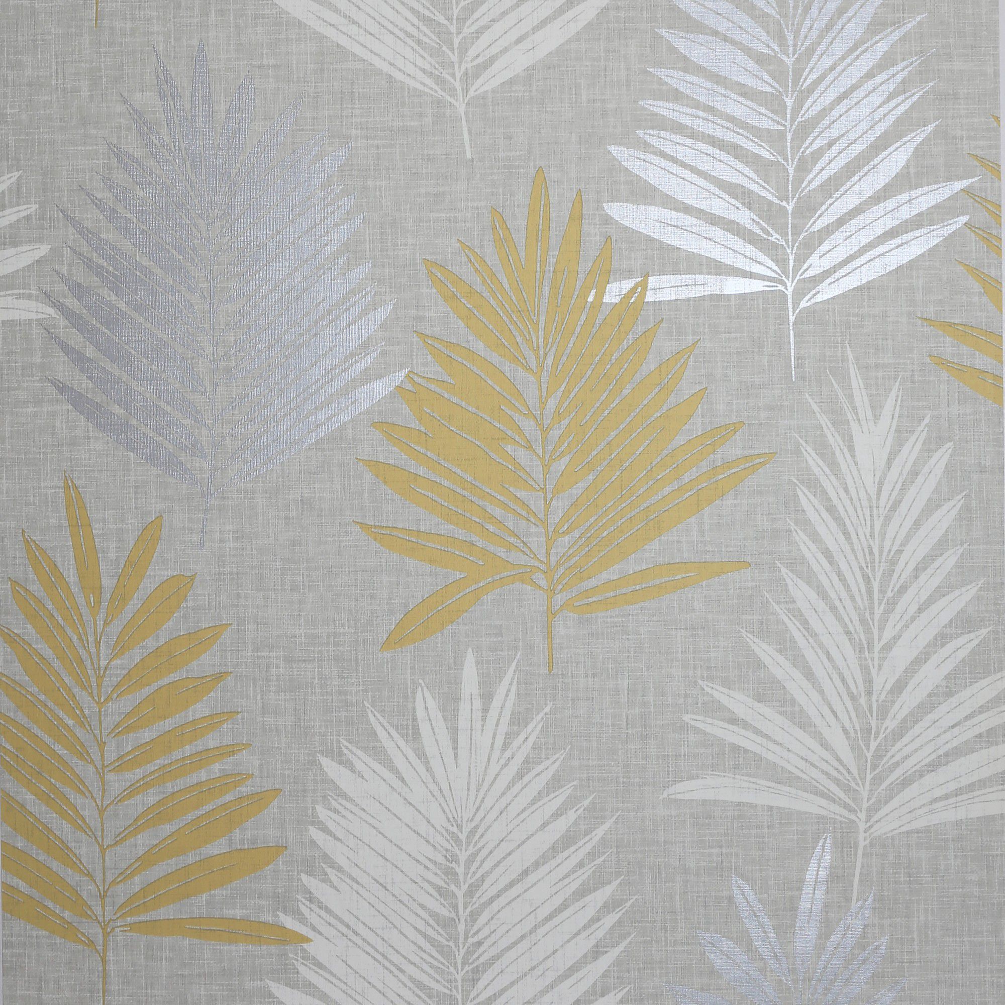 Image of Arthouse Linen Palm Ochre & Grey Wallpaper - 10.05m x 53cm