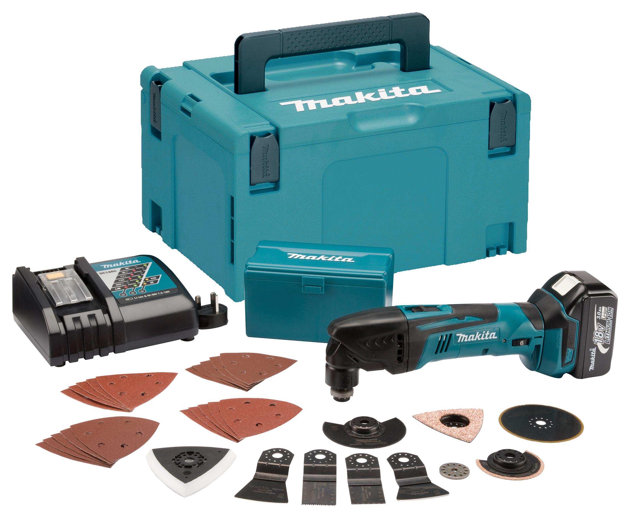 Image of Makita Dtm50rt1j3 18v Lxt 5.0ah Li-ion Cordless Multi-tool With 30 Piece Accessory Set