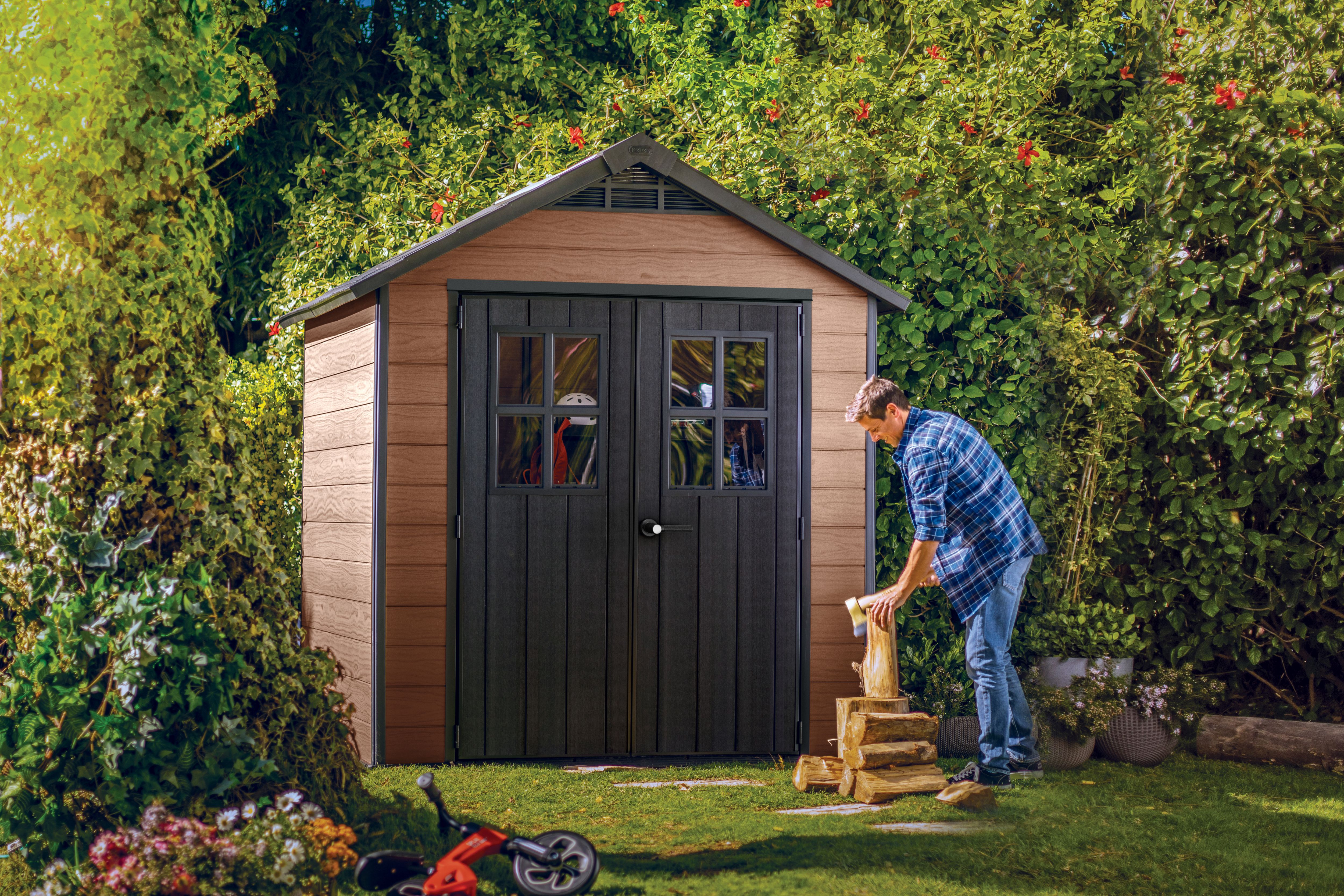 Image of Keter Newton 7 x 7ft Double Door Outdoor Apex Garden Storage Shed - Brown