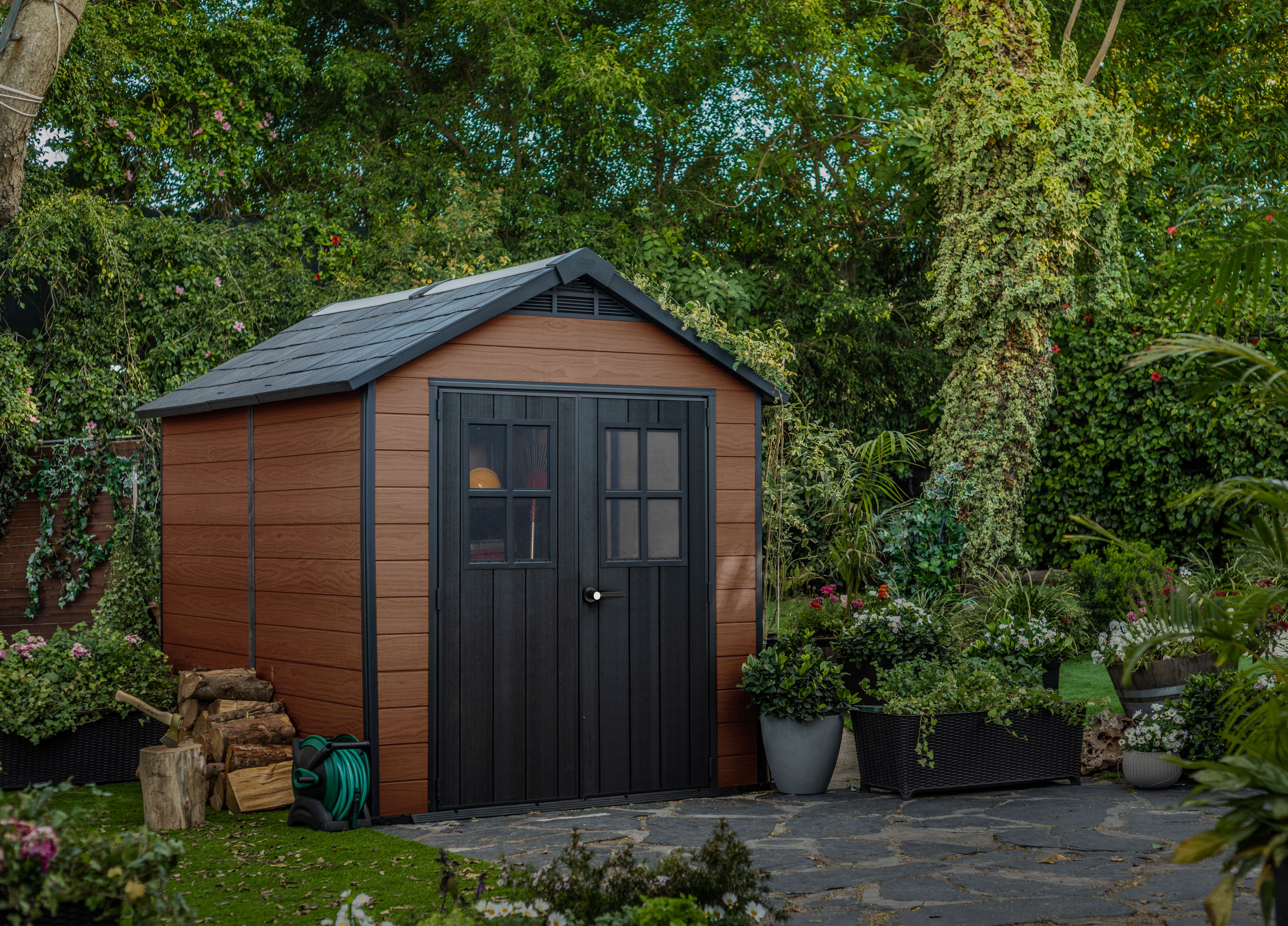 Keter Newton 7.5 x 9ft Double Door Outdoor Apex Garden Storage Shed - Brown
