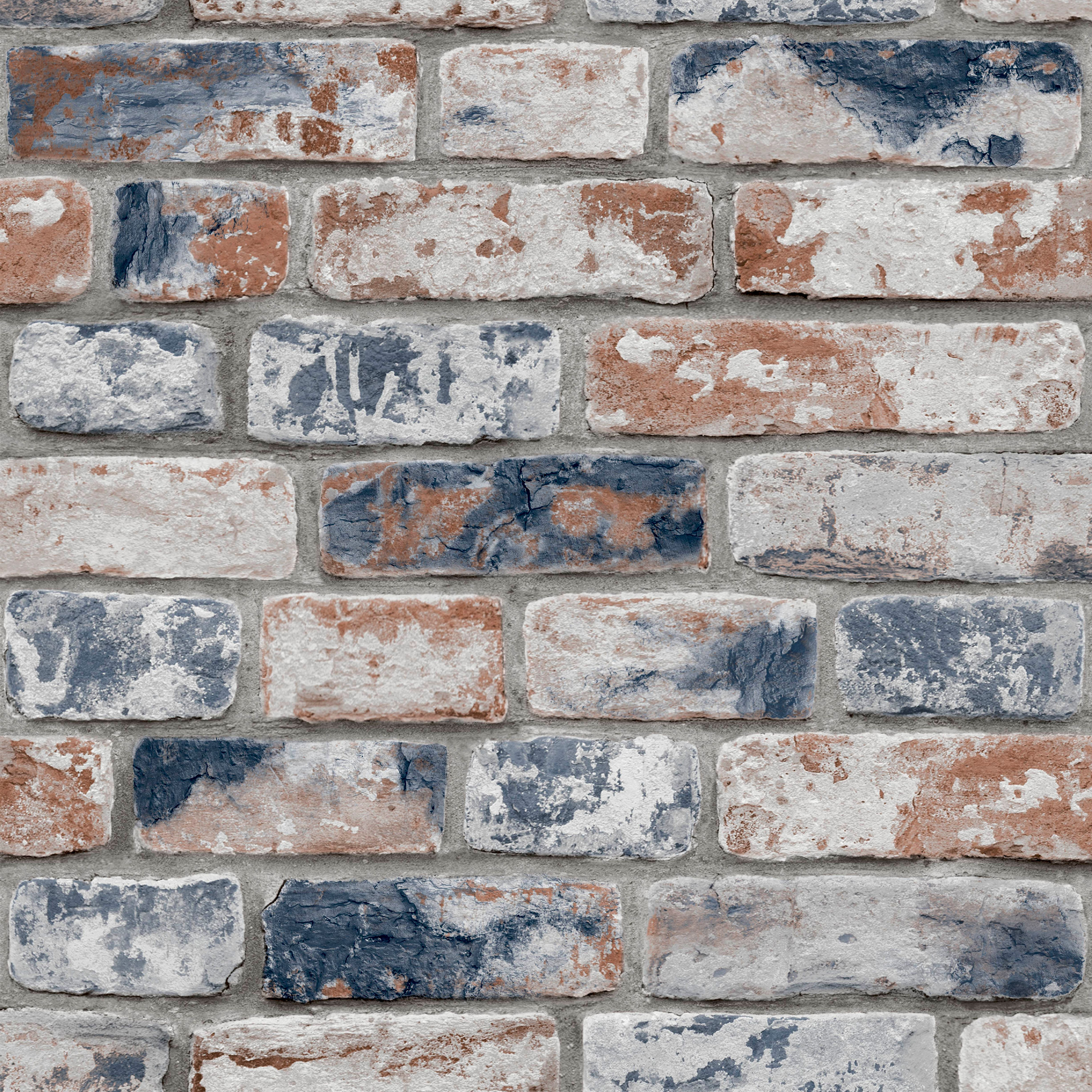 Fresco Distressed Red & Navy Brick Wallpaper 10m