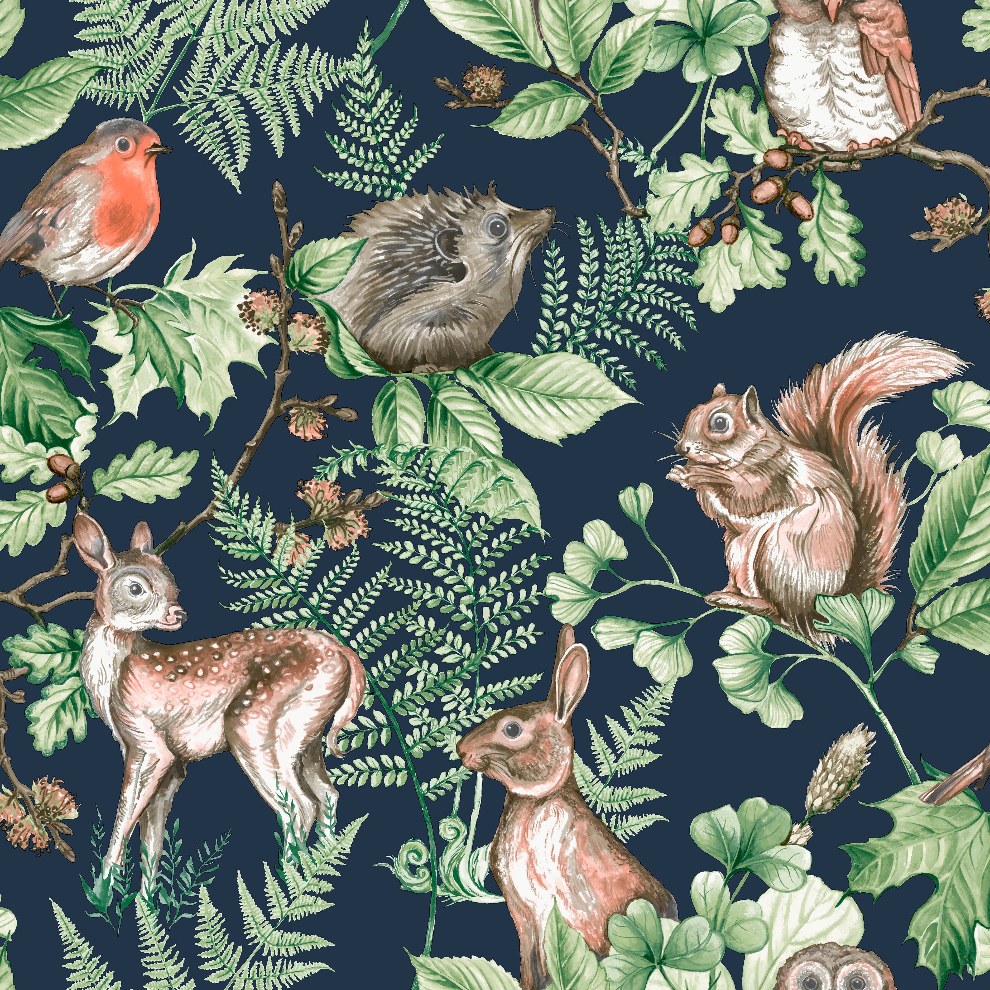 Image of Superfresco Easy Woodland Animals Navy Wallpaper 10m