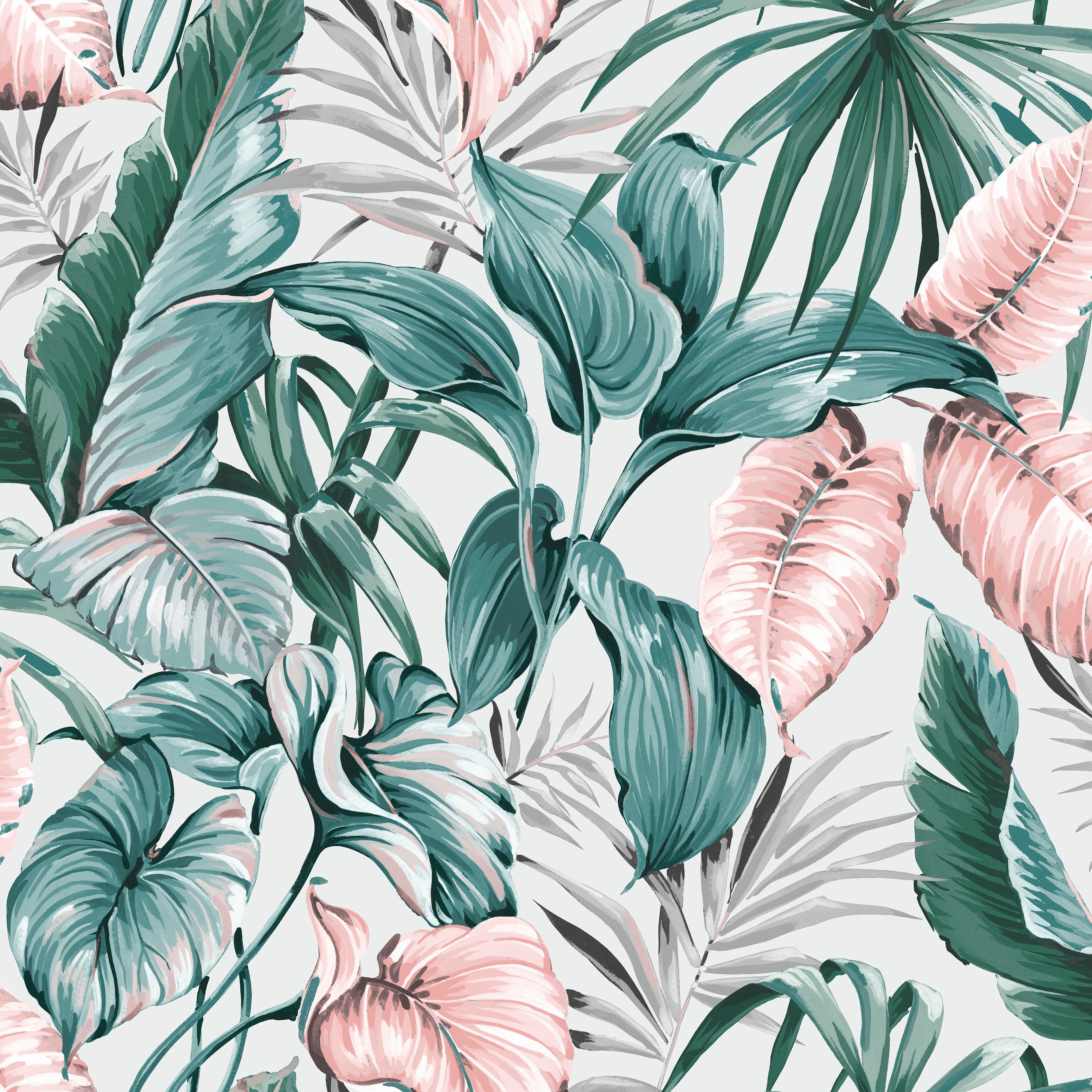 Image of Superfresco Easy Leaves Exotique Light Grey & Pink Wallpaper 10m
