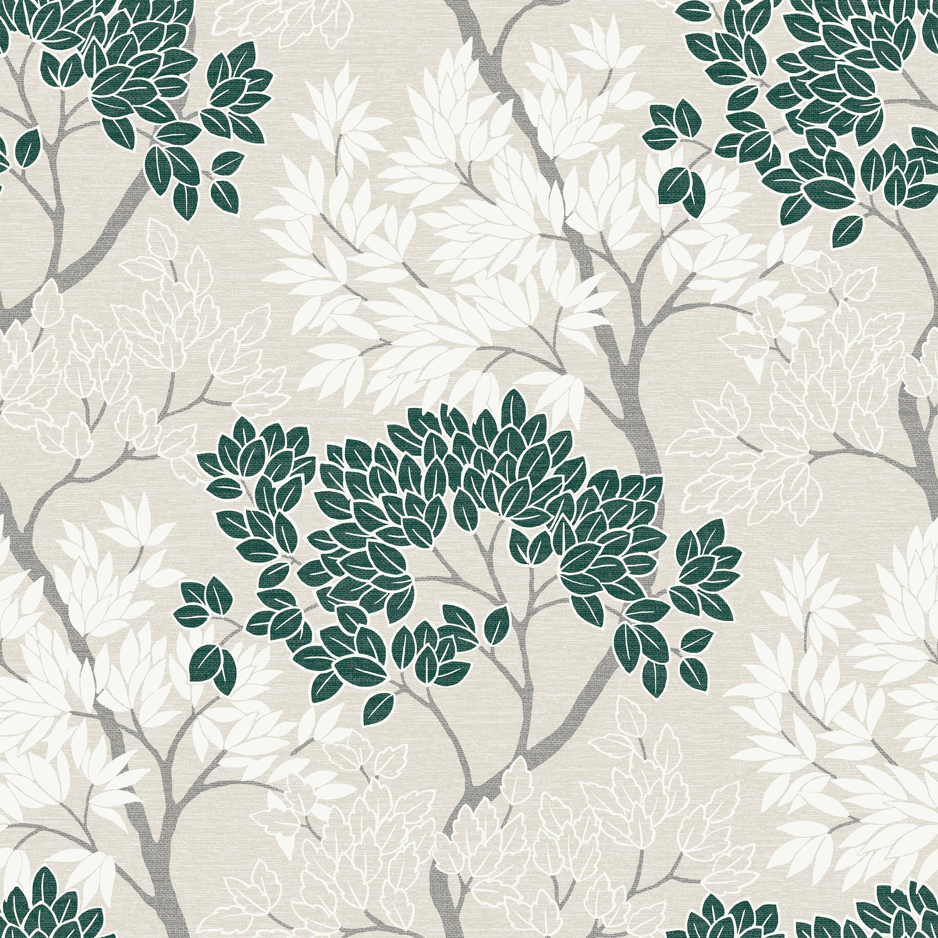 Image of Fresco Lykke Tree Dark Green Wallpaper 10m