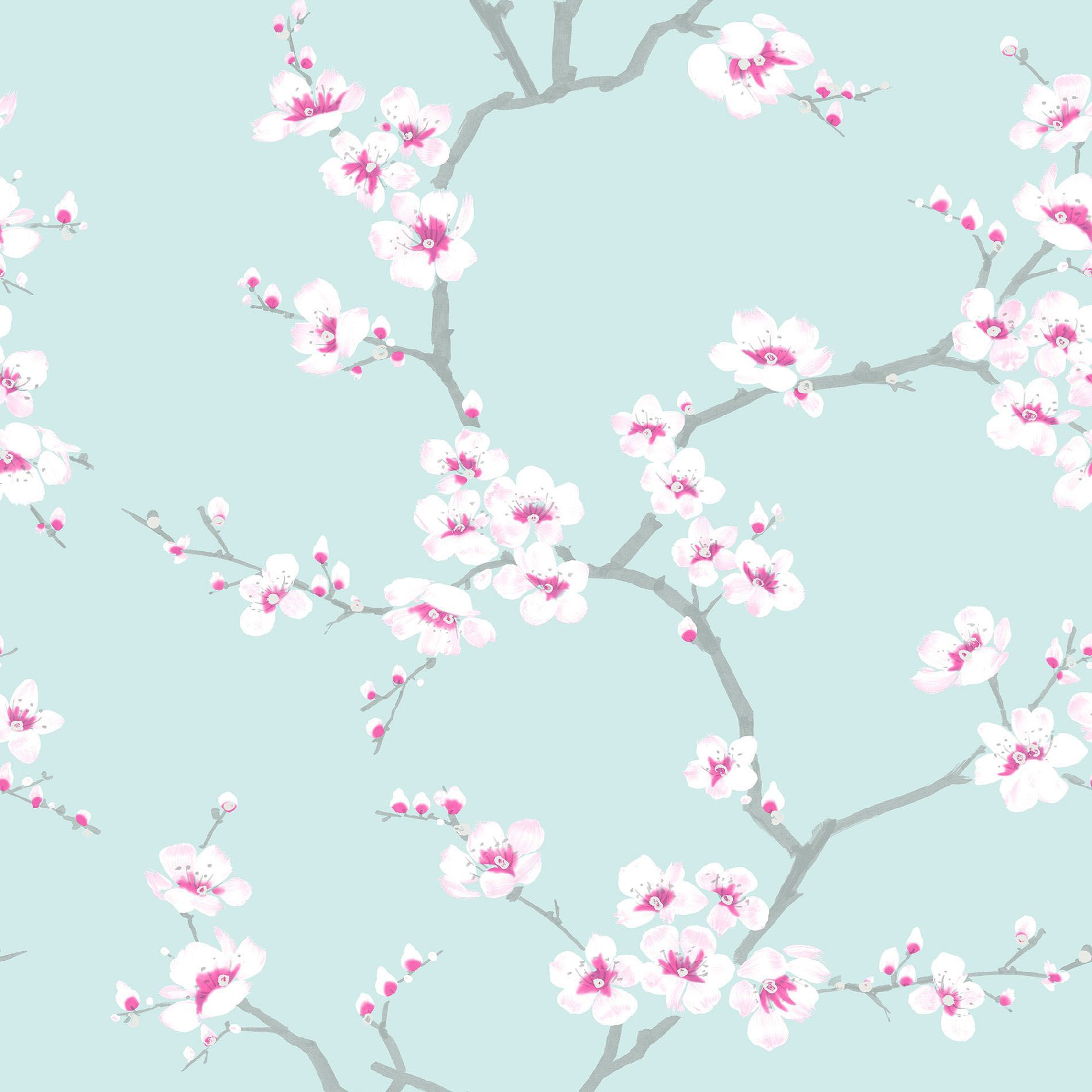 Image of Fresco Apple Blossom Blue Wallpaper 10m