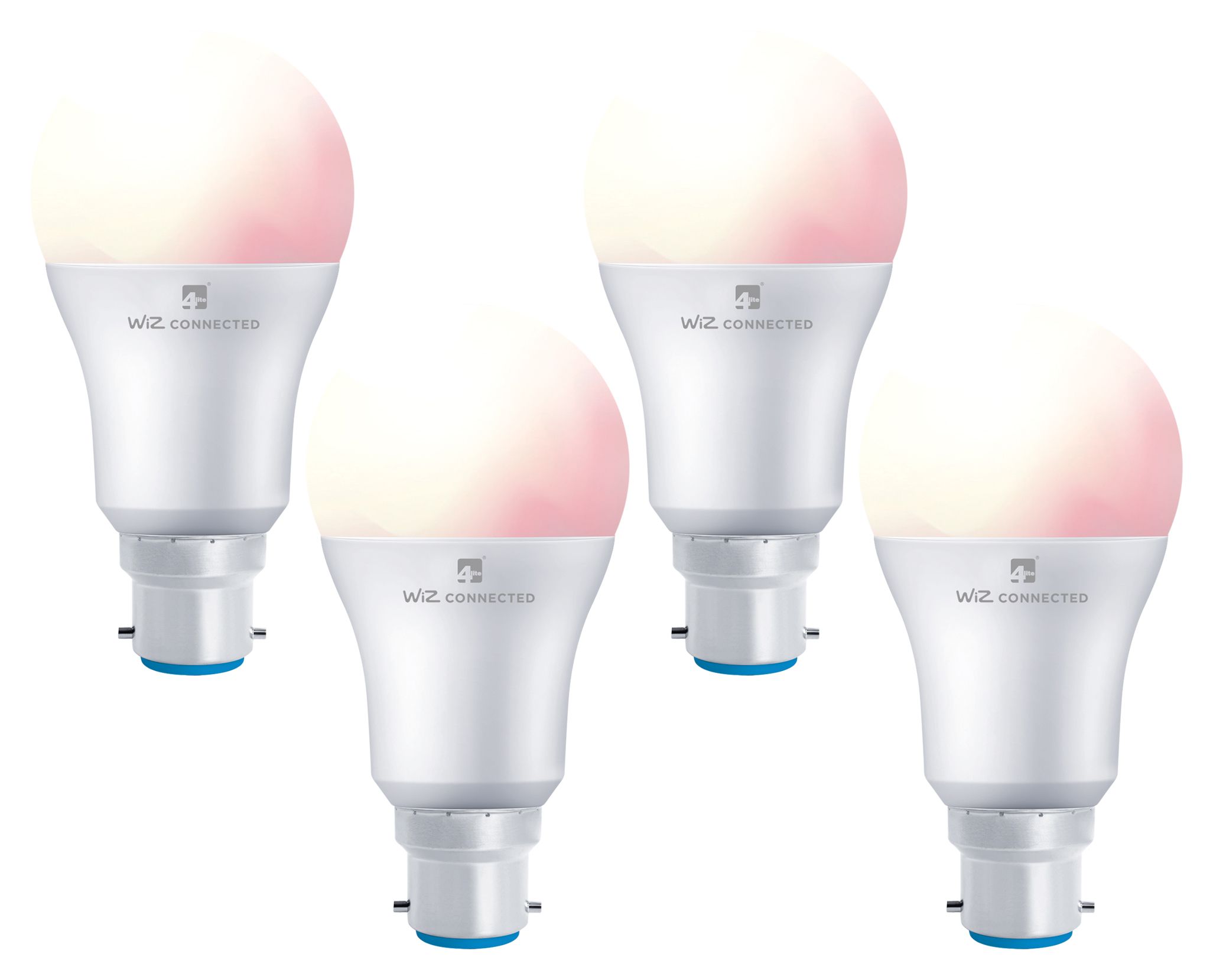 Image of 4lite WiZ Connected LED SMART B22 Light Bulbs - White & Colour - Pack of 4