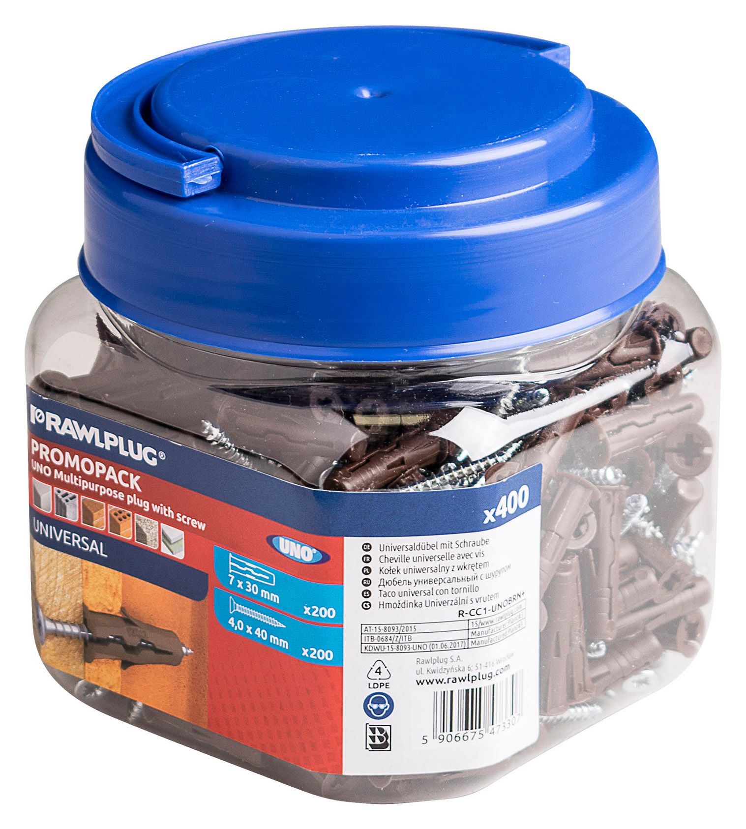 Rawlplug Uno Brown Wall Plug Jar With Screws - 200 pack