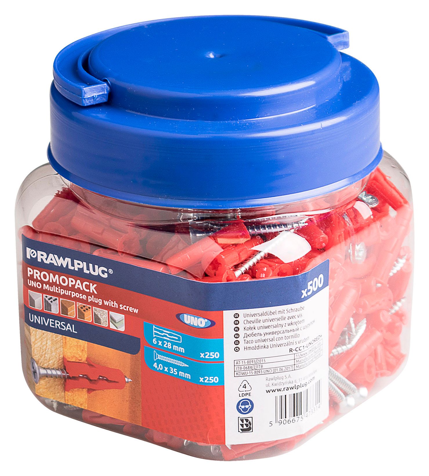 Rawlplug Uno Red Wall Plug Jar With Screws - 250 pack