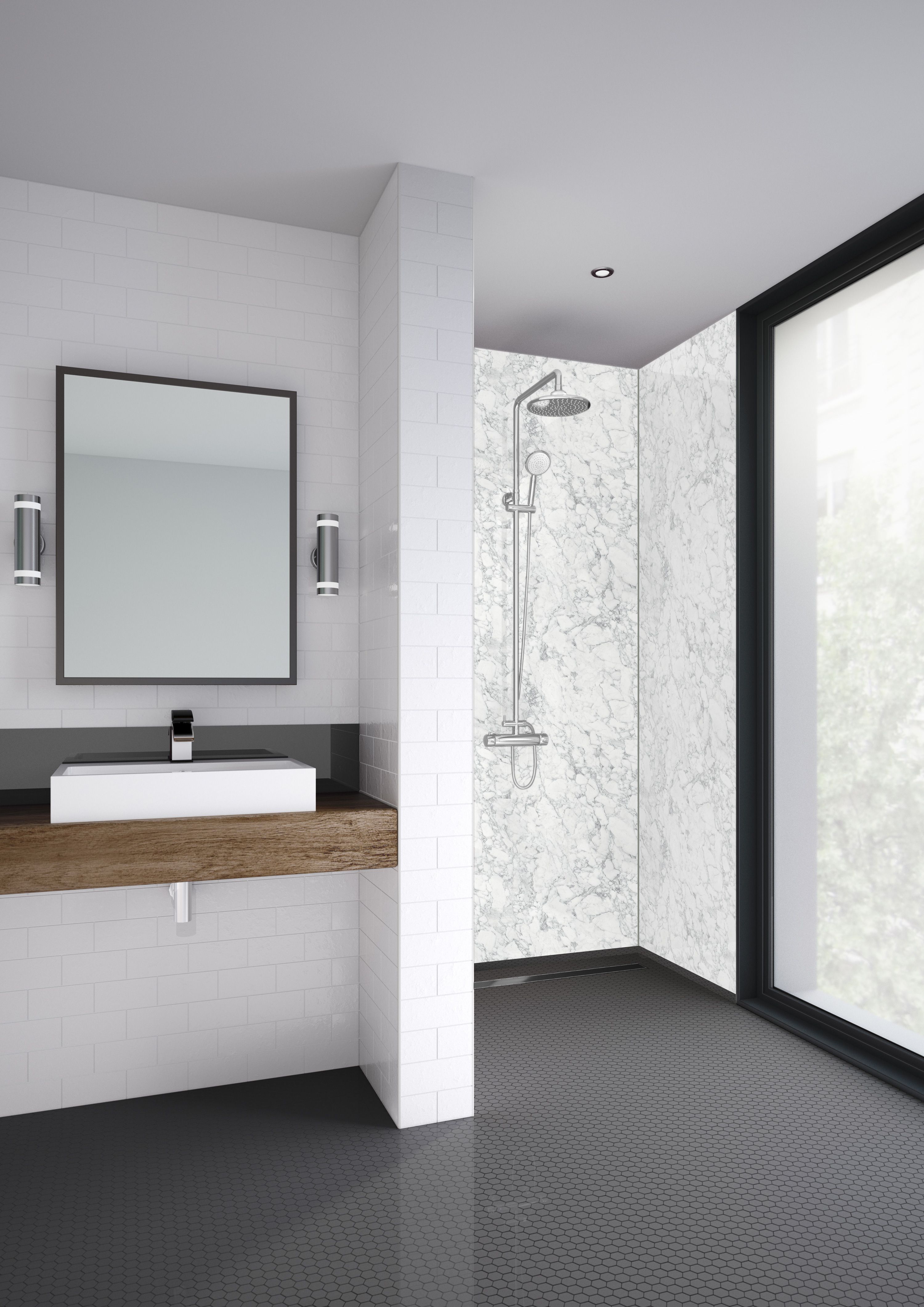 Mermaid  Laminate White Marble Square Single Shower Panel - 2420 x 900mm