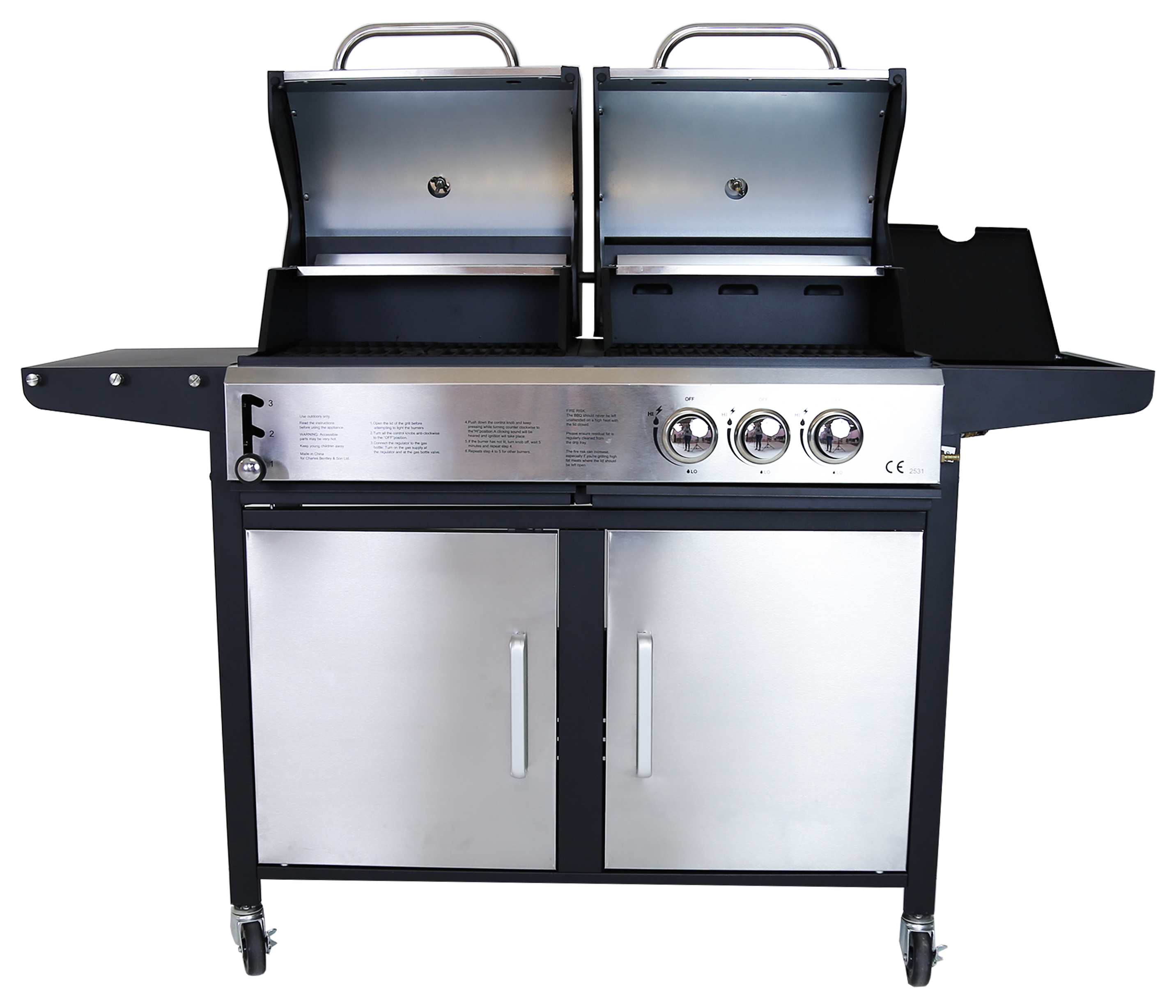 Charles Bentley 2+1 Burner Gas & Charcoal Grill BBQ - Stainless Steel