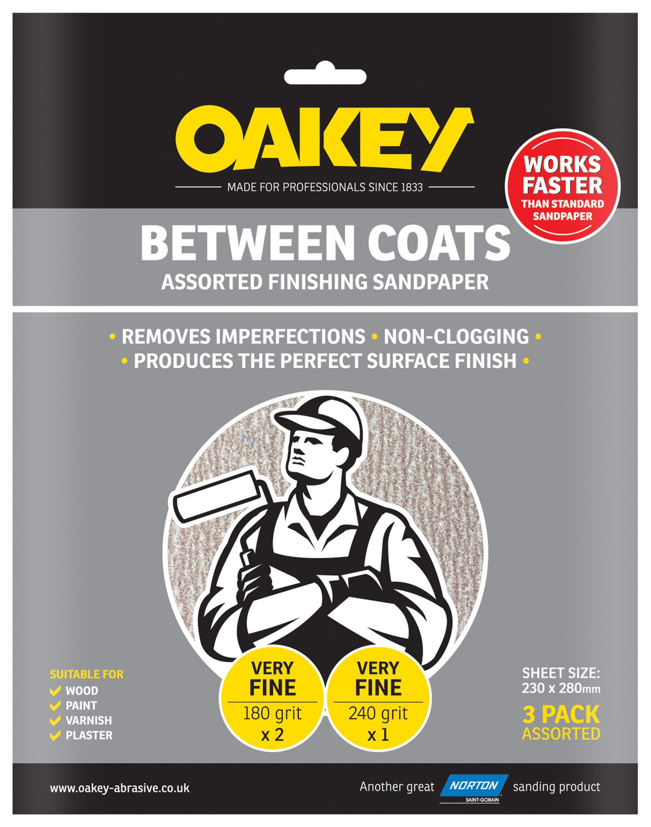 Image of Oakey Between Coats Assorted Sandpaper Sheets - Pack of 3