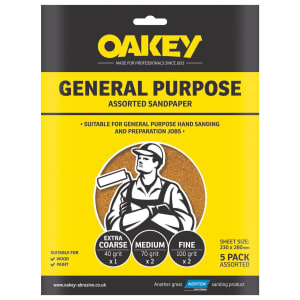 Oakey General Purpose Assorted Sandpaper Sheets - Pack of 5