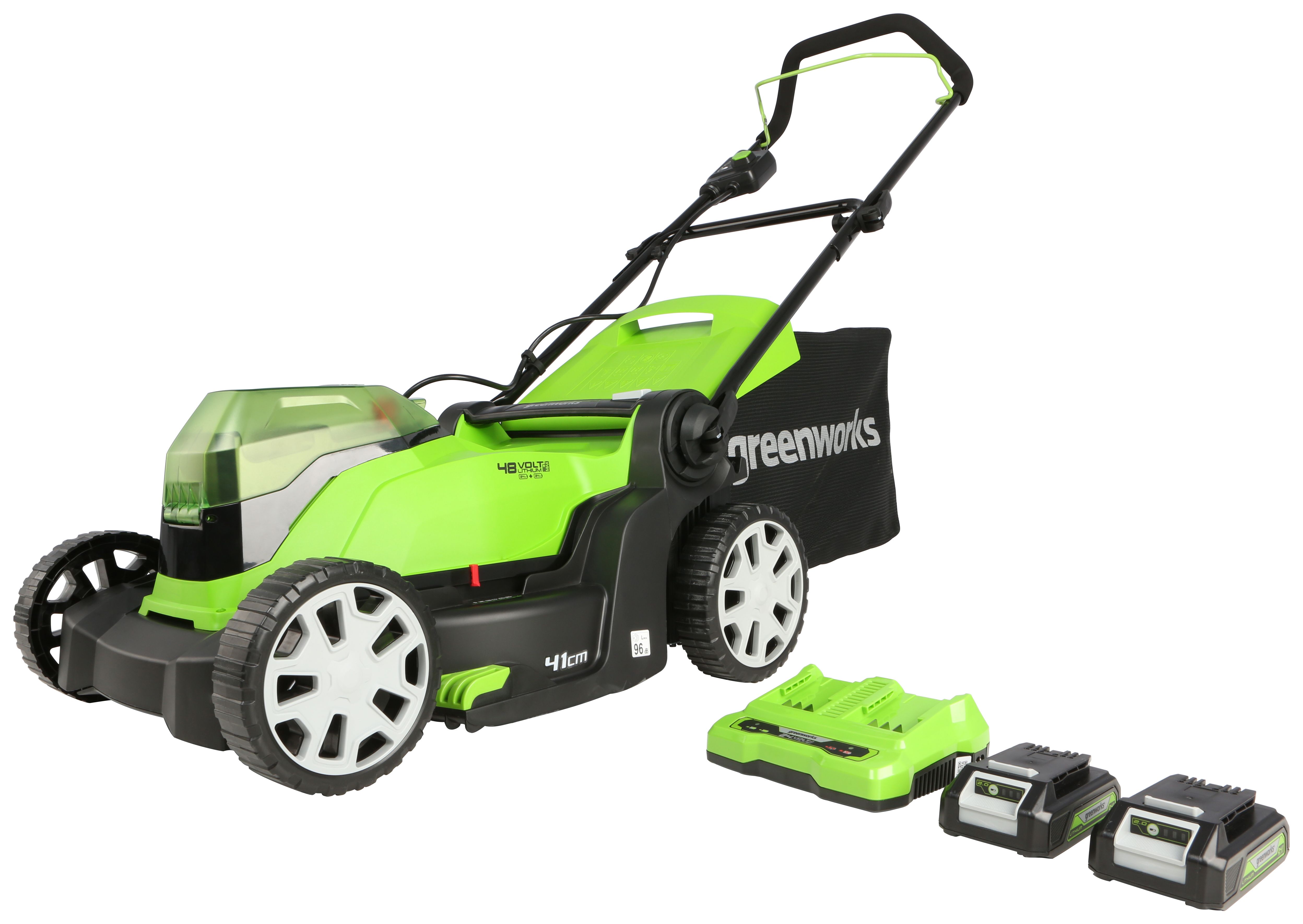 Image of Greenworks Cordless Lawn Mower 48V with 2 x 24V 2Ah Batteries & Charger - 41cm