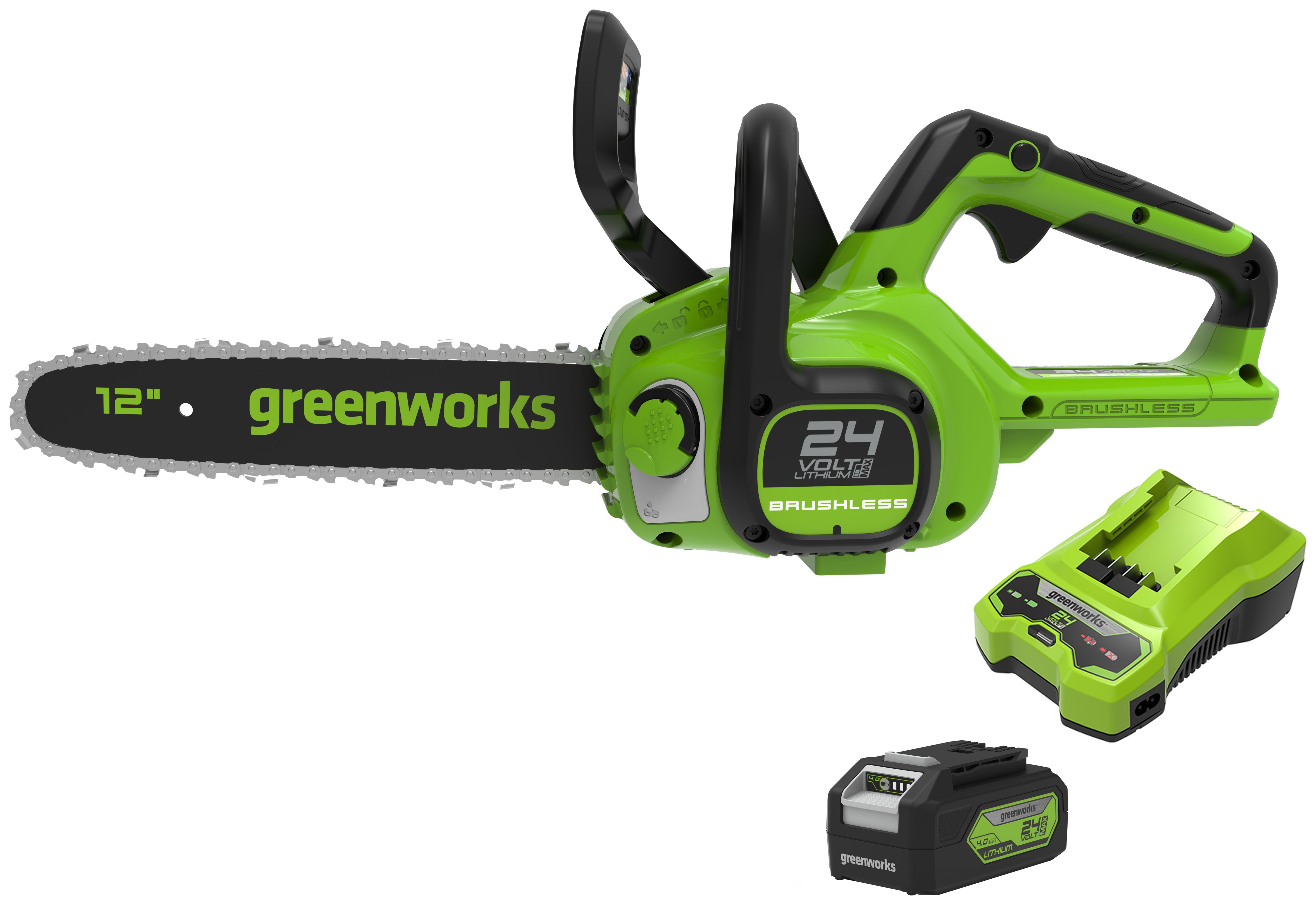 Greenworks Cordless Brushless Chainsaw 24V with 4Ah Battery & Charger - 30cm