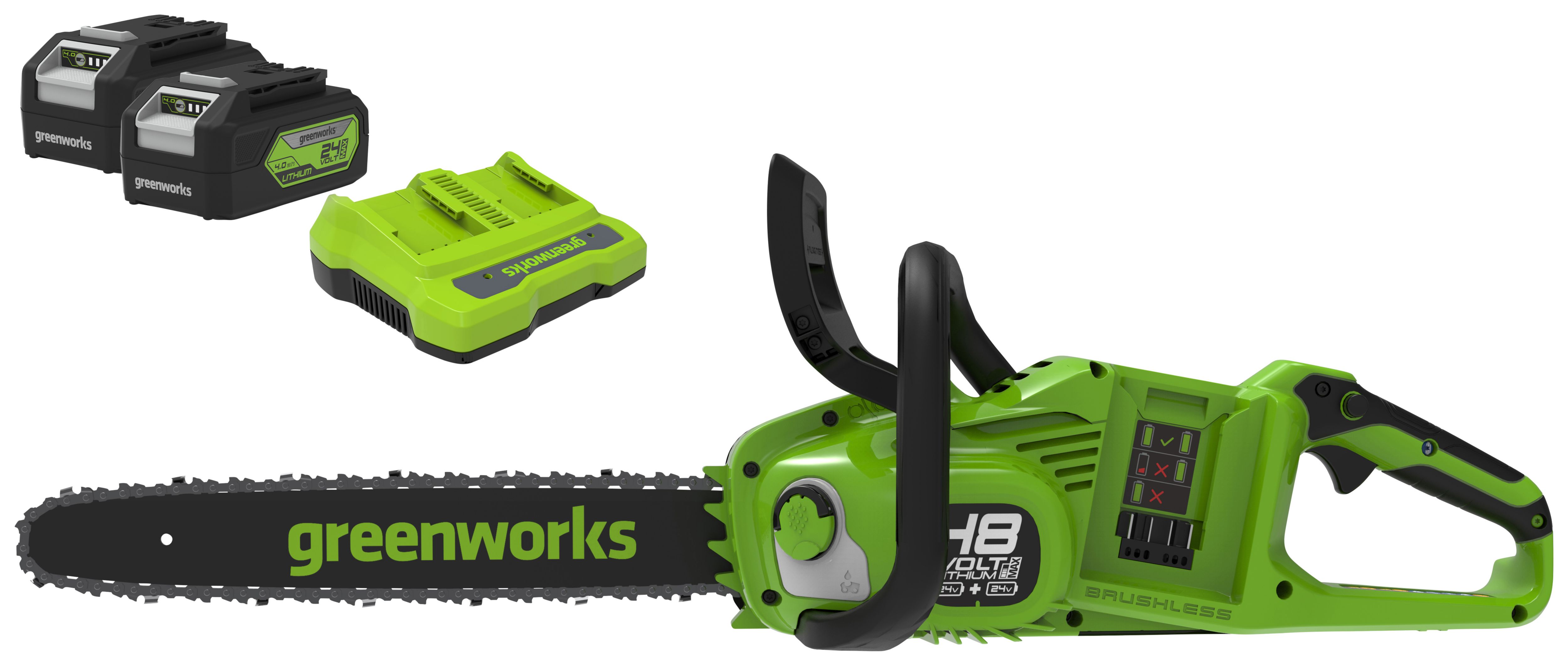 Image of Greenworks Cordless Chainsaw 48V with 2 x 24V 4Ah Batteries & Charger