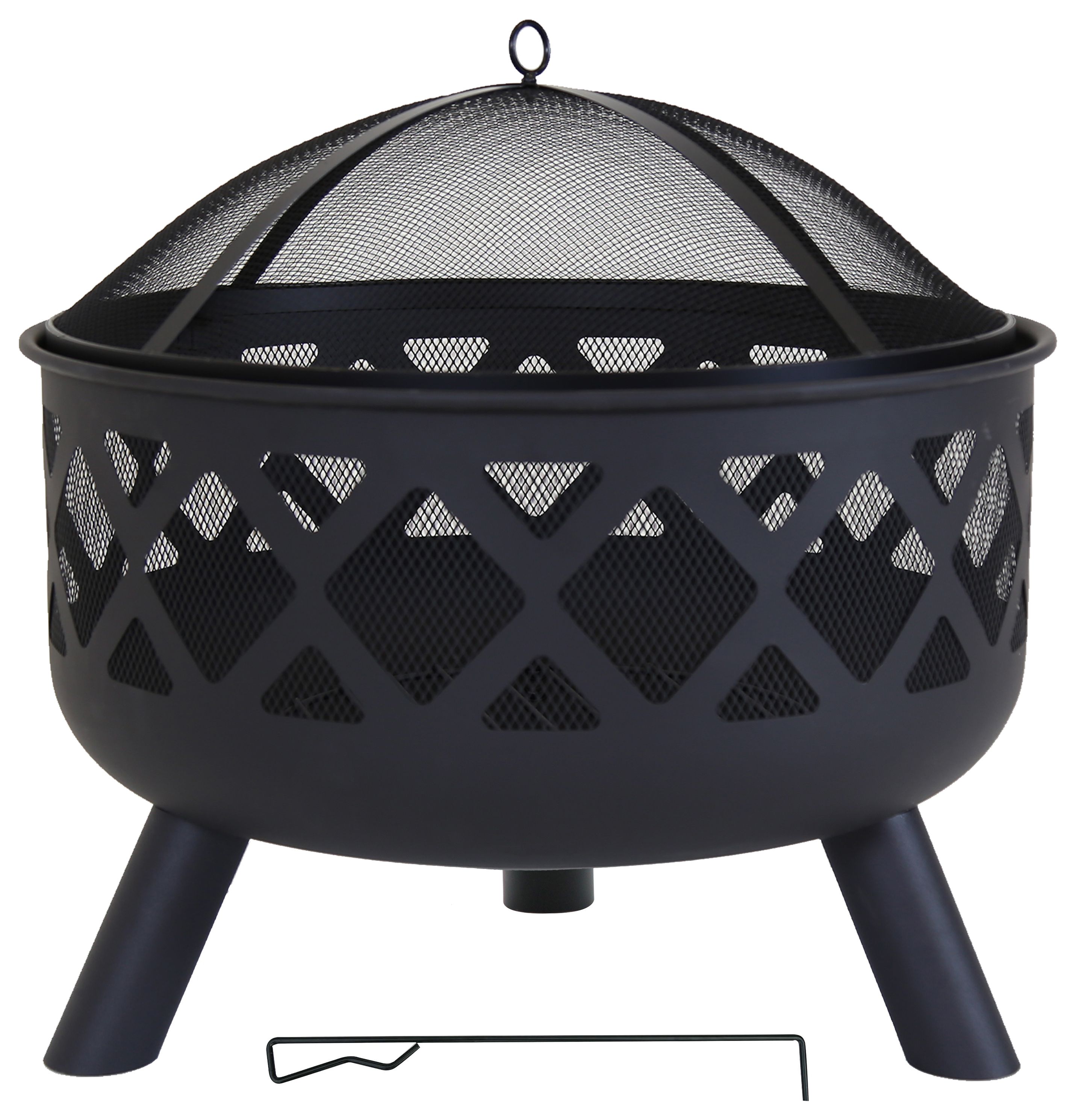 Charles Bentley Large Round Metal Outdoor Fire Pit with Mesh Cover - Black