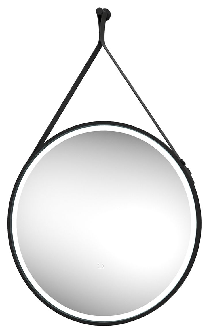 Image of Edmonton Colour Changing Matt Black LED Hanging Mirror with Leather Strap - 600mm