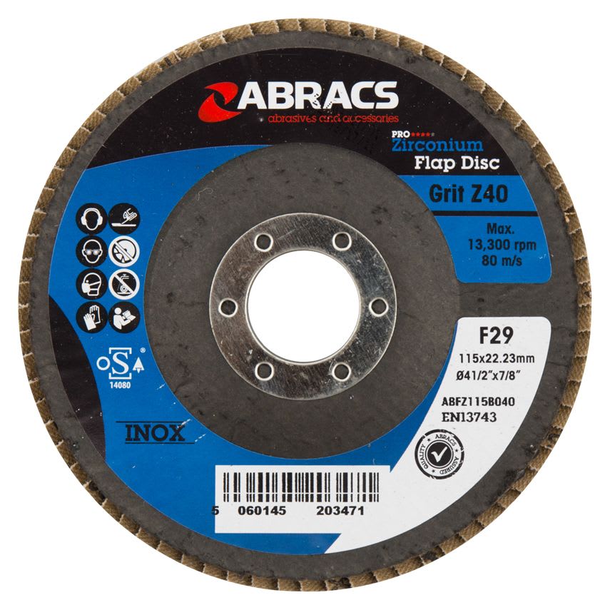 Abracs ABFZ115B040 Zirconium Flap Discs Coarse 40 Grit 115 x 22.23mm