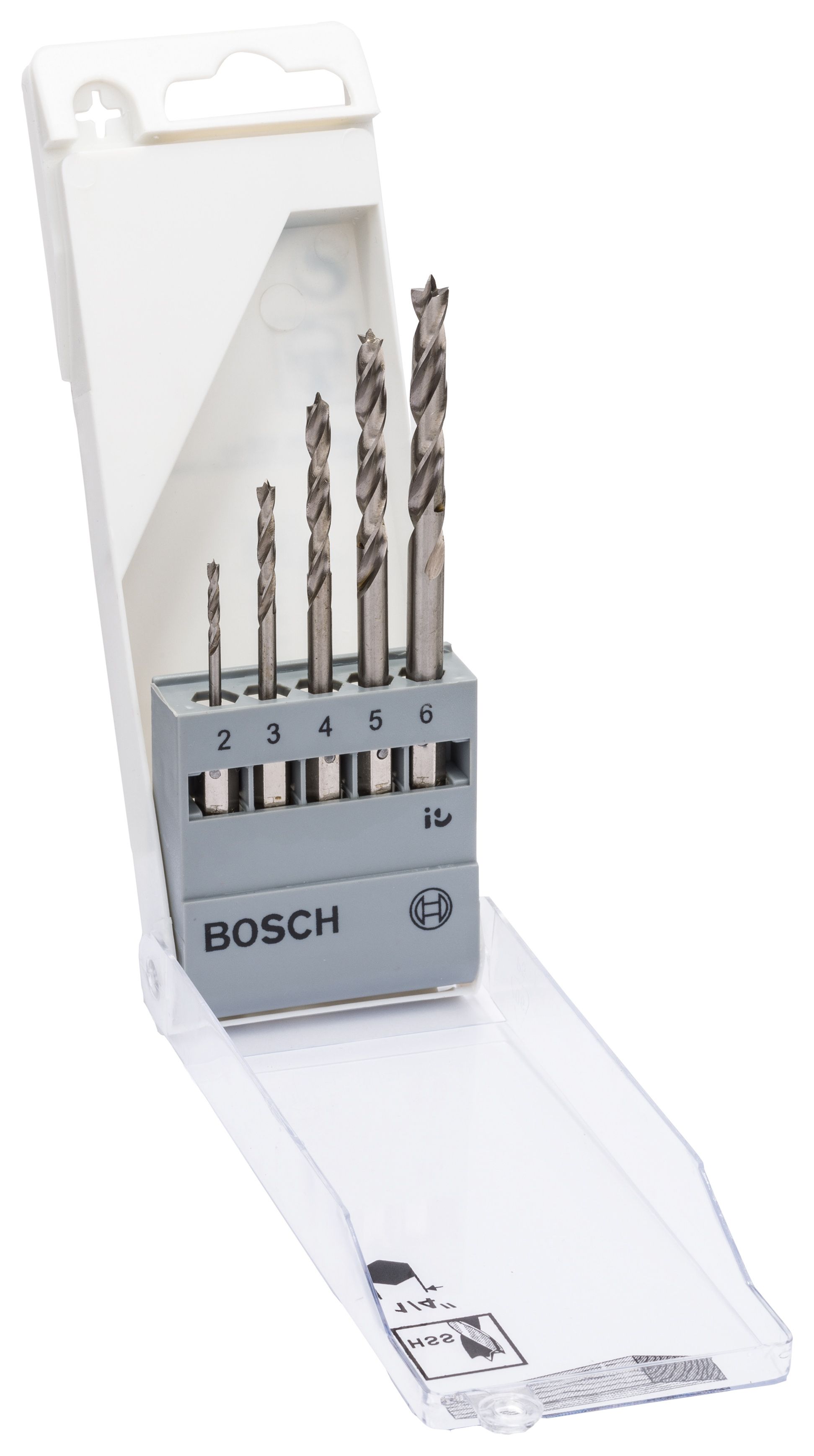 Image of Bosch 2608595525 Hex Shank 5 Piece HSS Brad Point Wood Drill Bit Set - 2, 3, 4, 5, 6mm