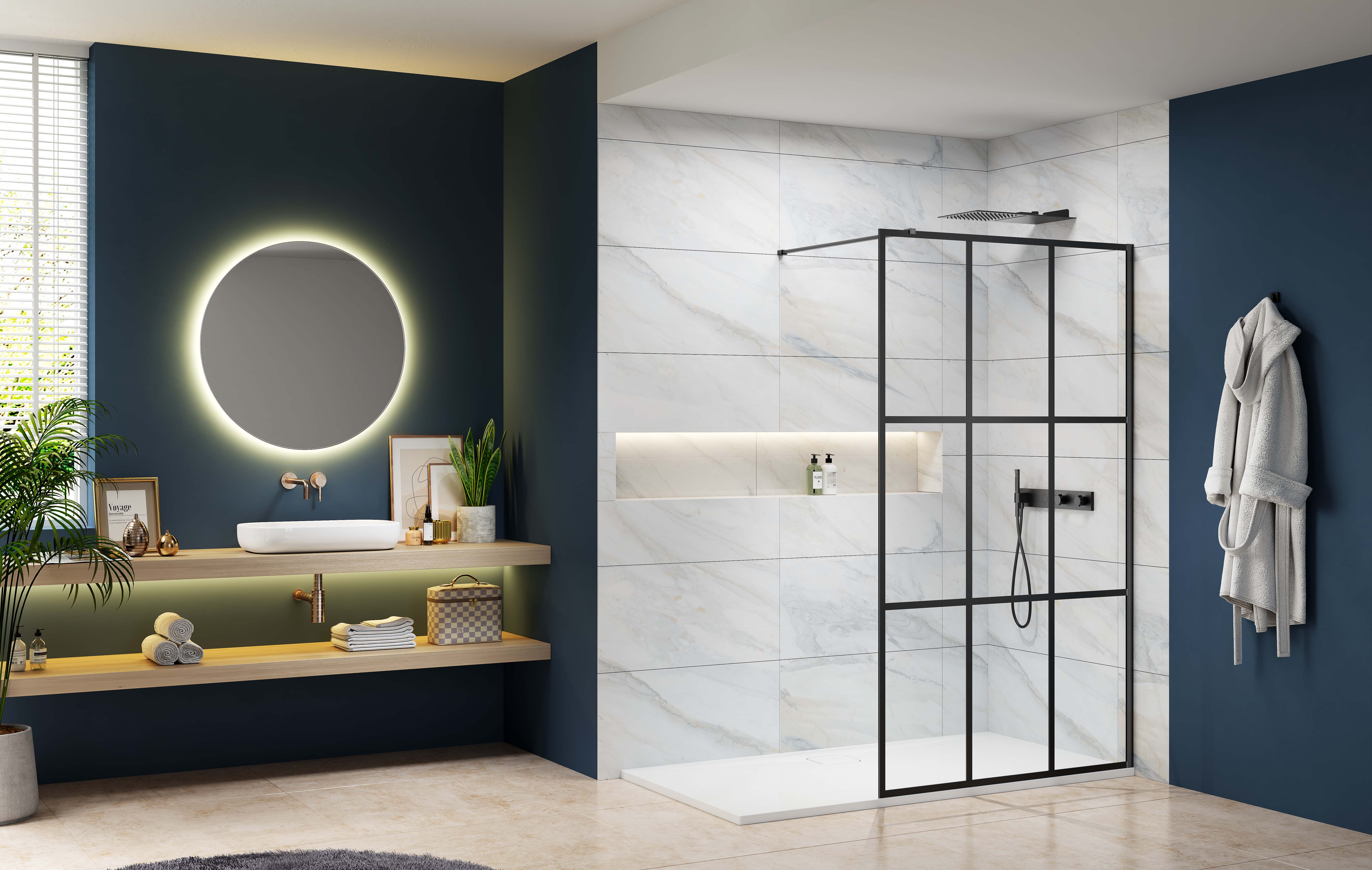 Nexa By Merlyn Hoxton 8mm Black 9 Panel Frameless Wet Room Shower Screen with 1m Bracing Bar - 2015 x 1200mm