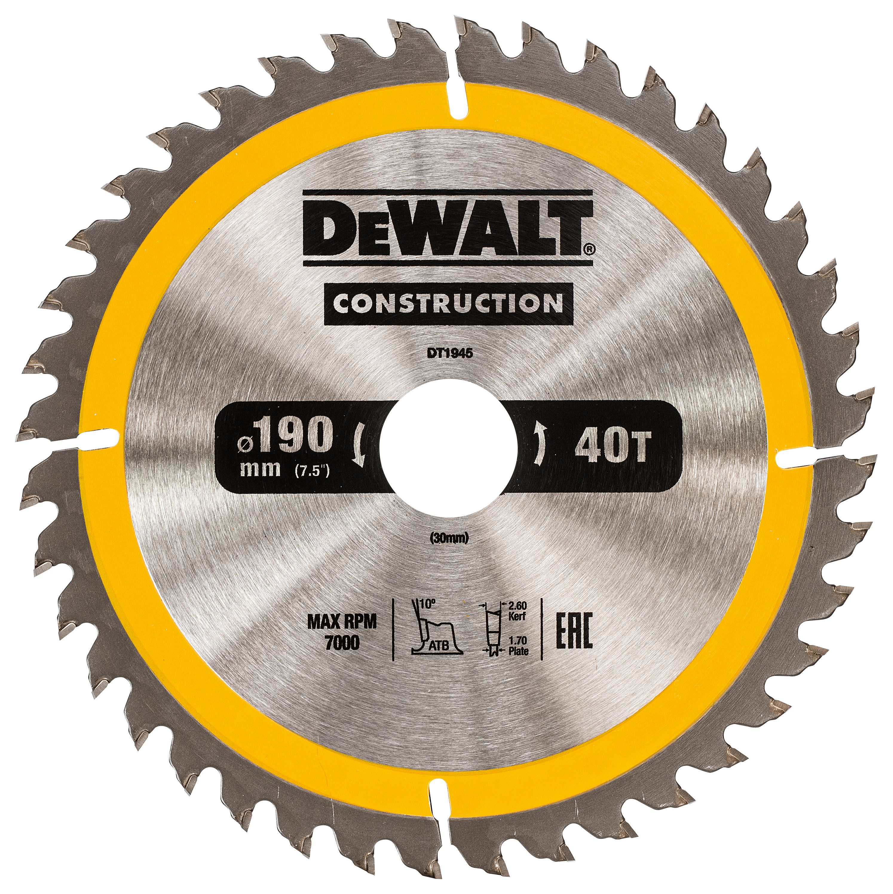 Image of DEWALT DT1945-QZ 40 Teeth Construction Coarse Cut Circular Saw Blade - 190 x 30mm