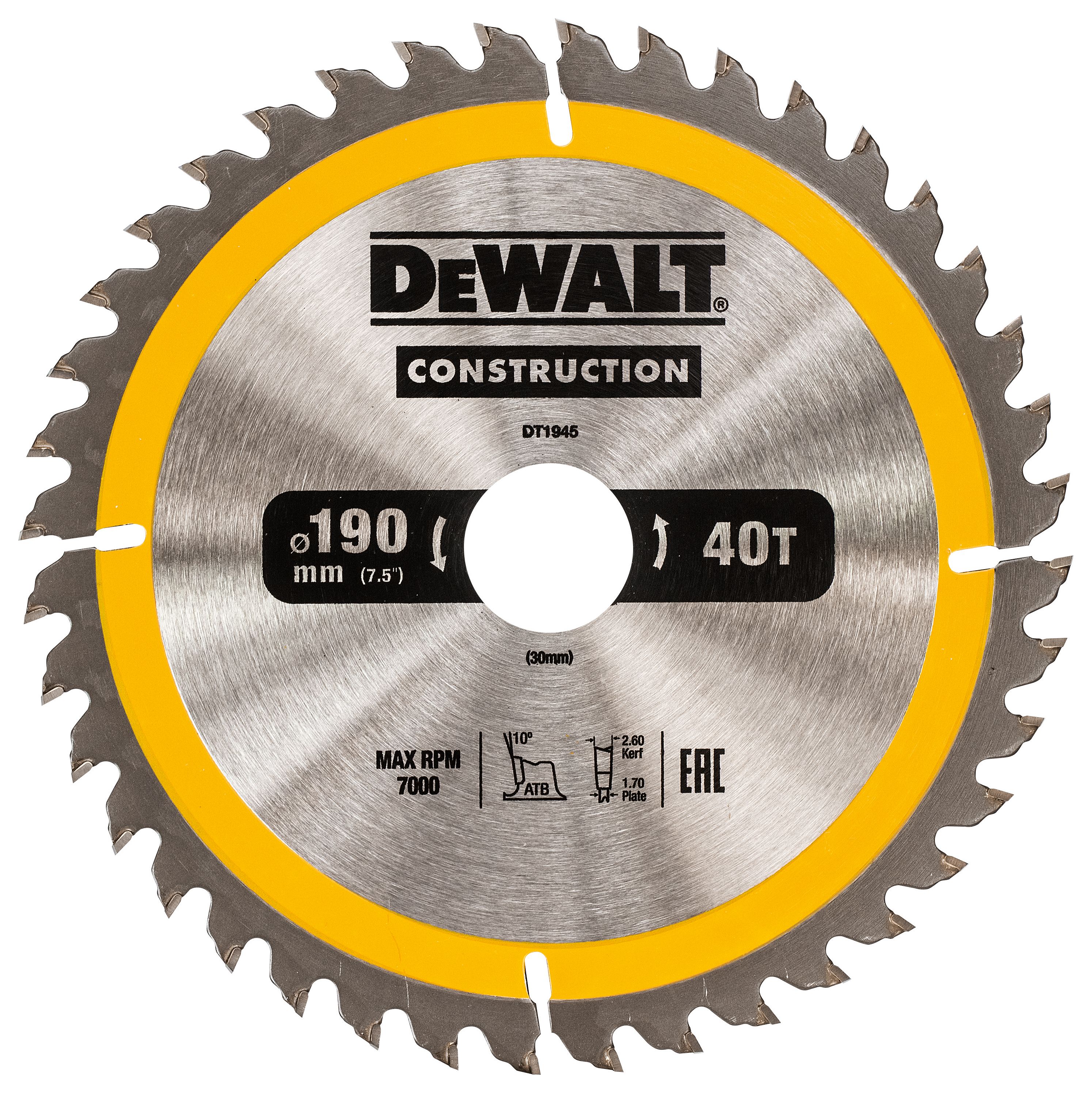 DEWALT DT1945-QZ 40 Teeth Construction Coarse Cut Circular Saw Blade - 190 x 30mm