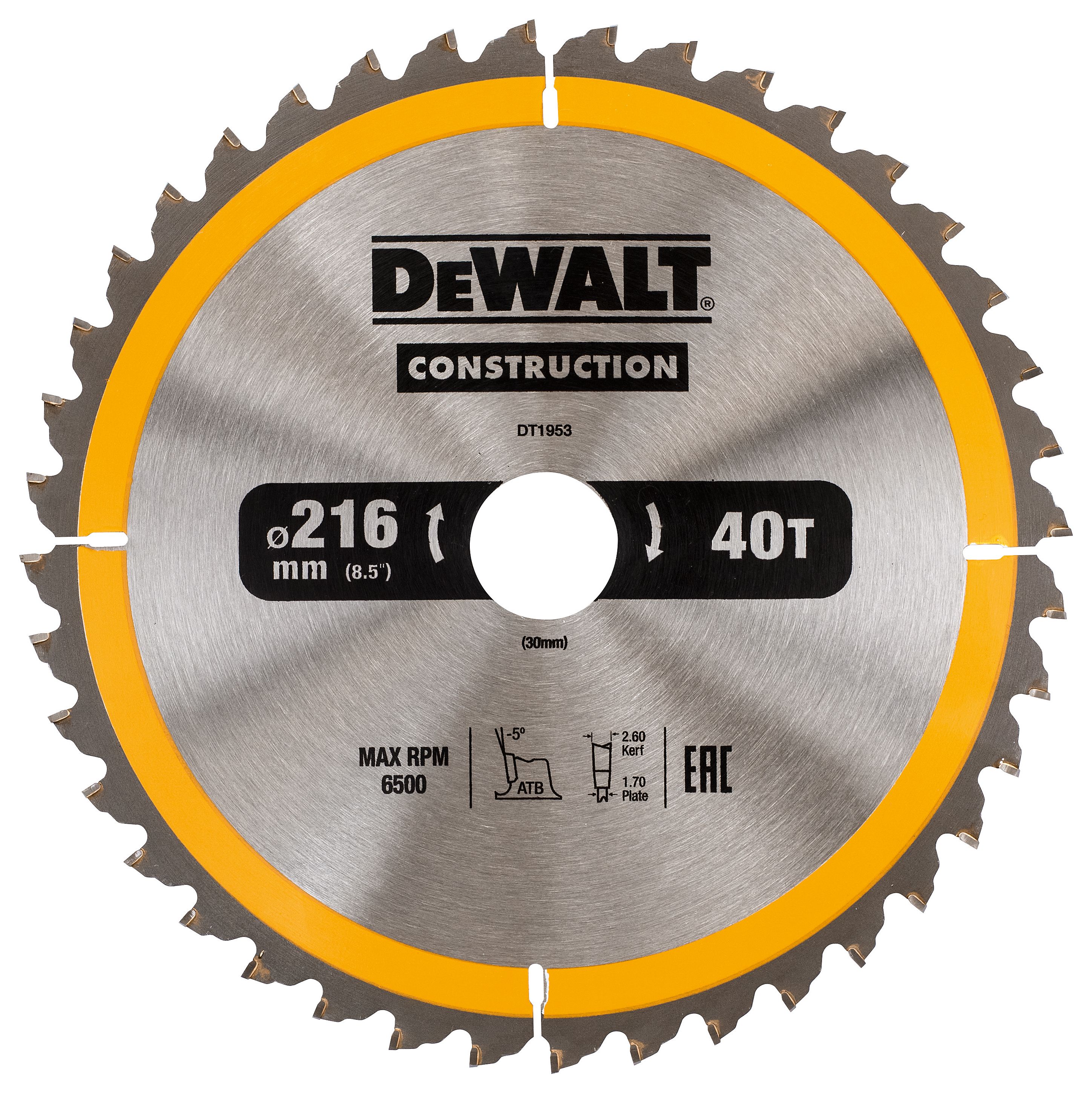 Image of DEWALT DT1953-QZ 40 Teeth Construction Cross Cut Circular Saw Blade - 216 x 30mm
