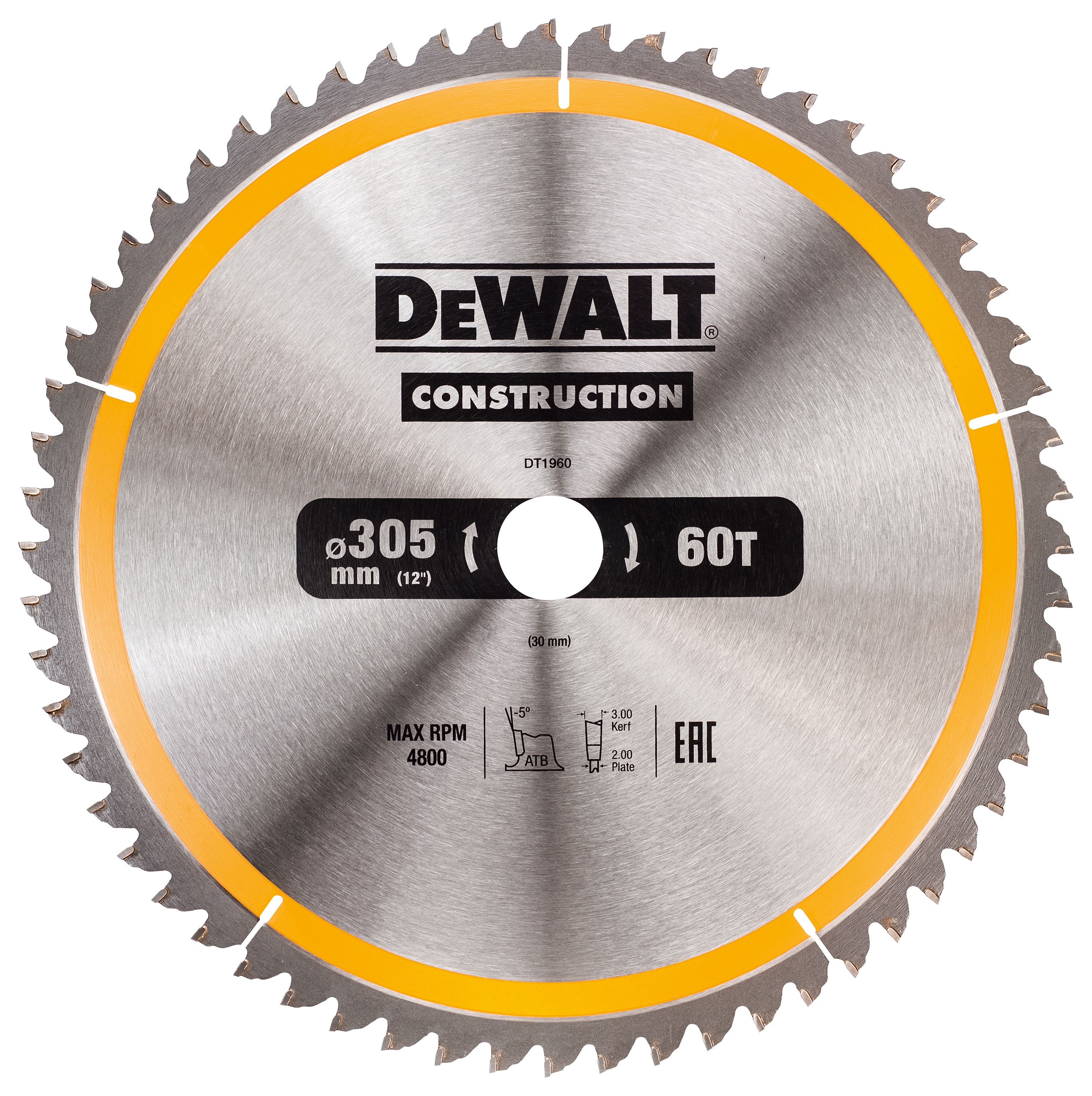 Image of DEWALT DT1960-QZ 60 Teeth Construction Fine Cut Circular Saw Blade - 305 x 30mm