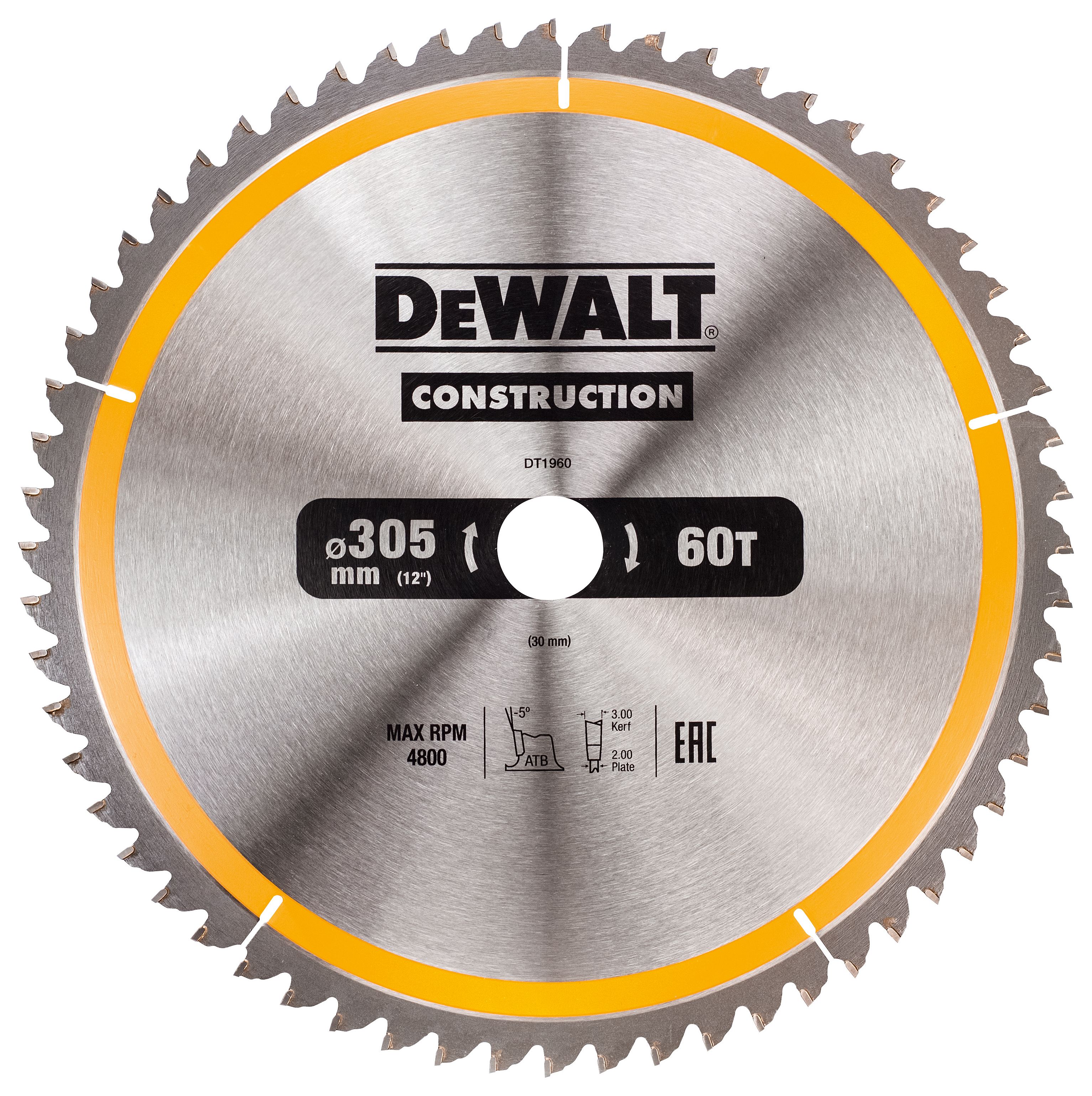 DEWALT DT1960-QZ 60 Teeth Construction Fine Cut Circular Saw Blade - 305 x 30mm