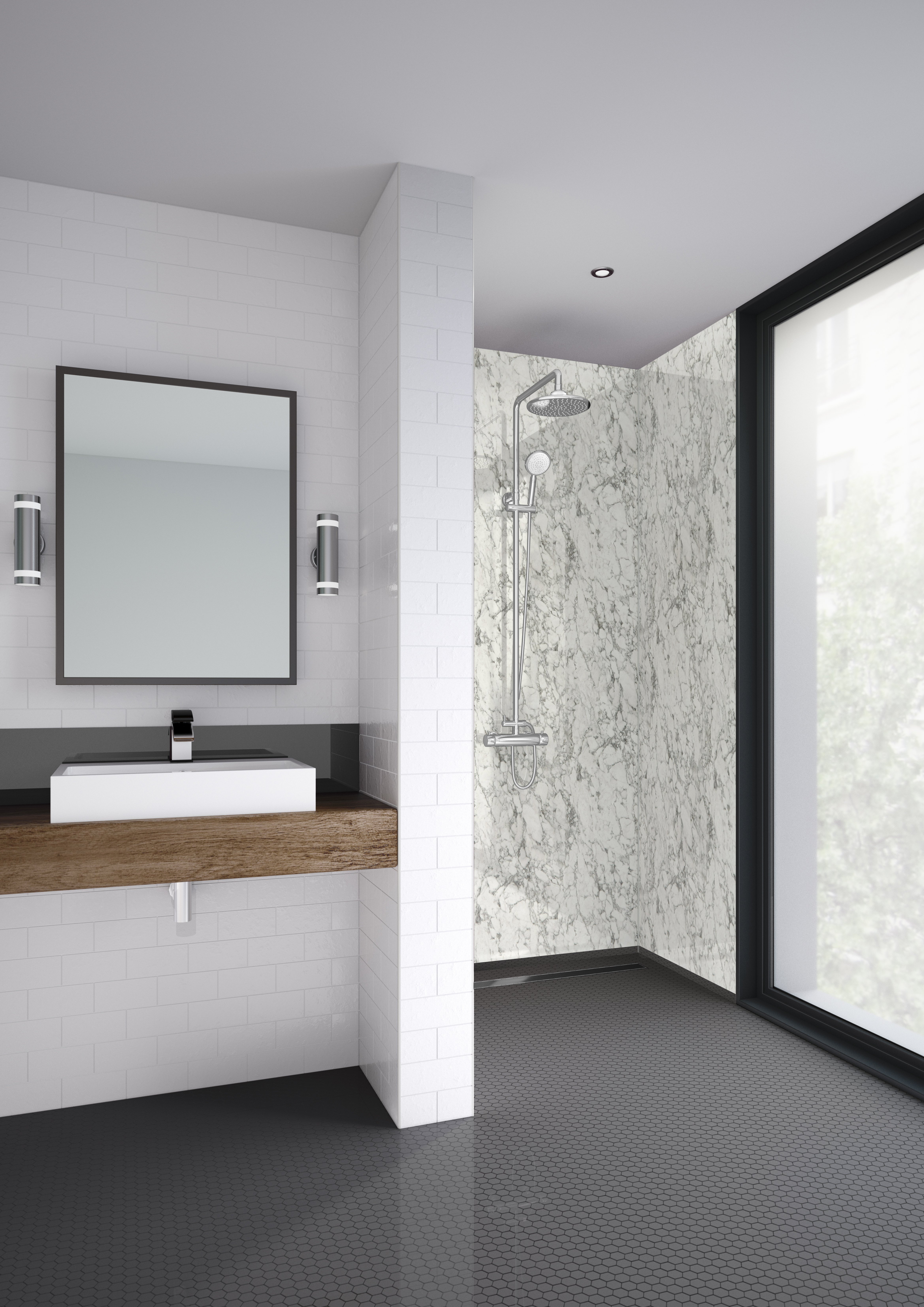 Image of Mermaid Laminate Bianco Marble Square Edge Single Shower Panel - 2400 x 1200mm