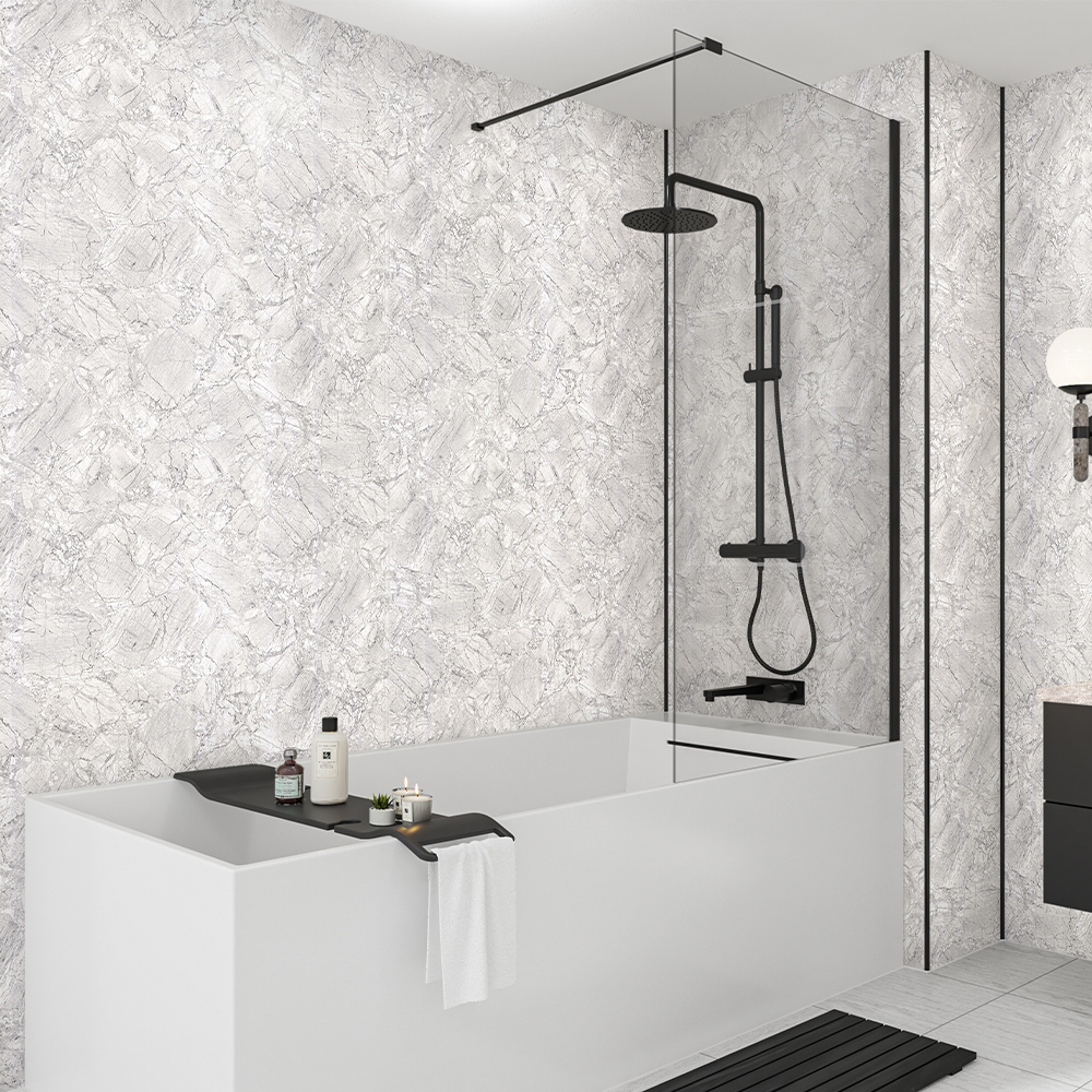 Mermaid Laminate Bianco Marble Square Edge Single Shower Panel - 2400 x 1200mm