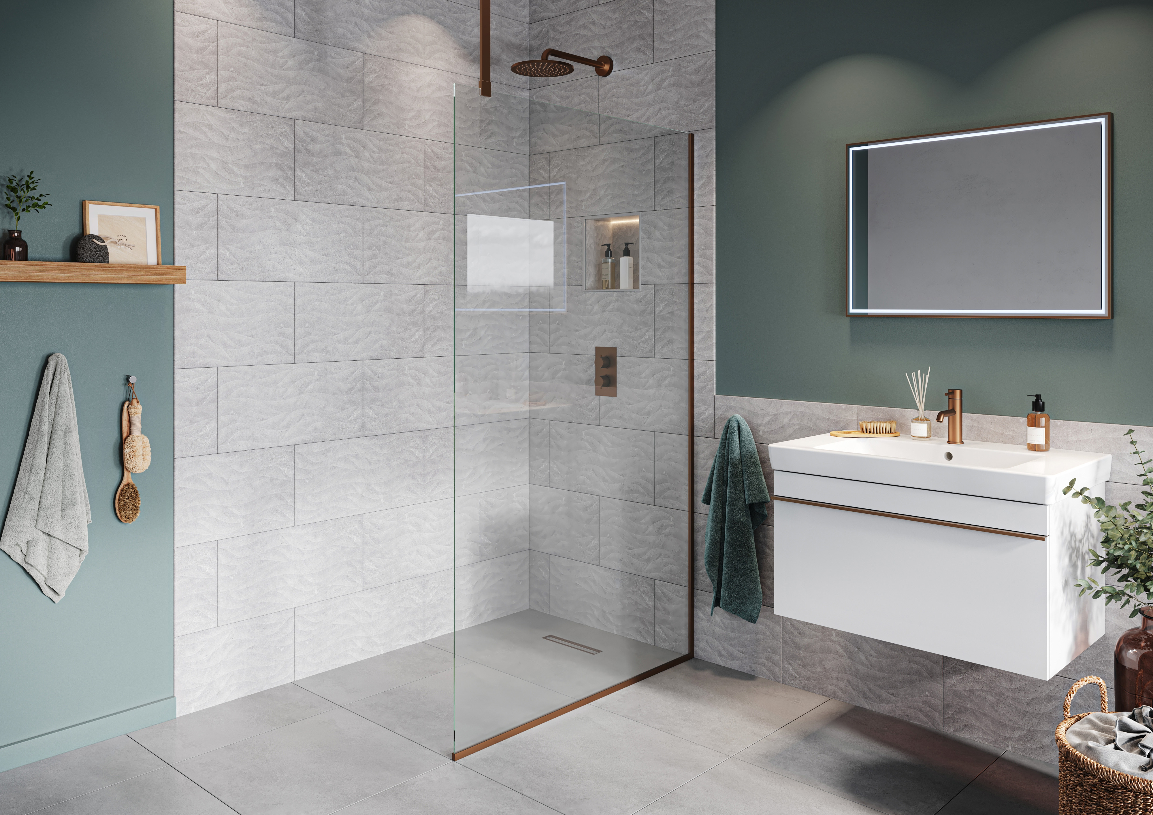 Hadleigh 8mm Brushed Bronze Frameless Wetroom Screen with Ceiling Arm - 700mm