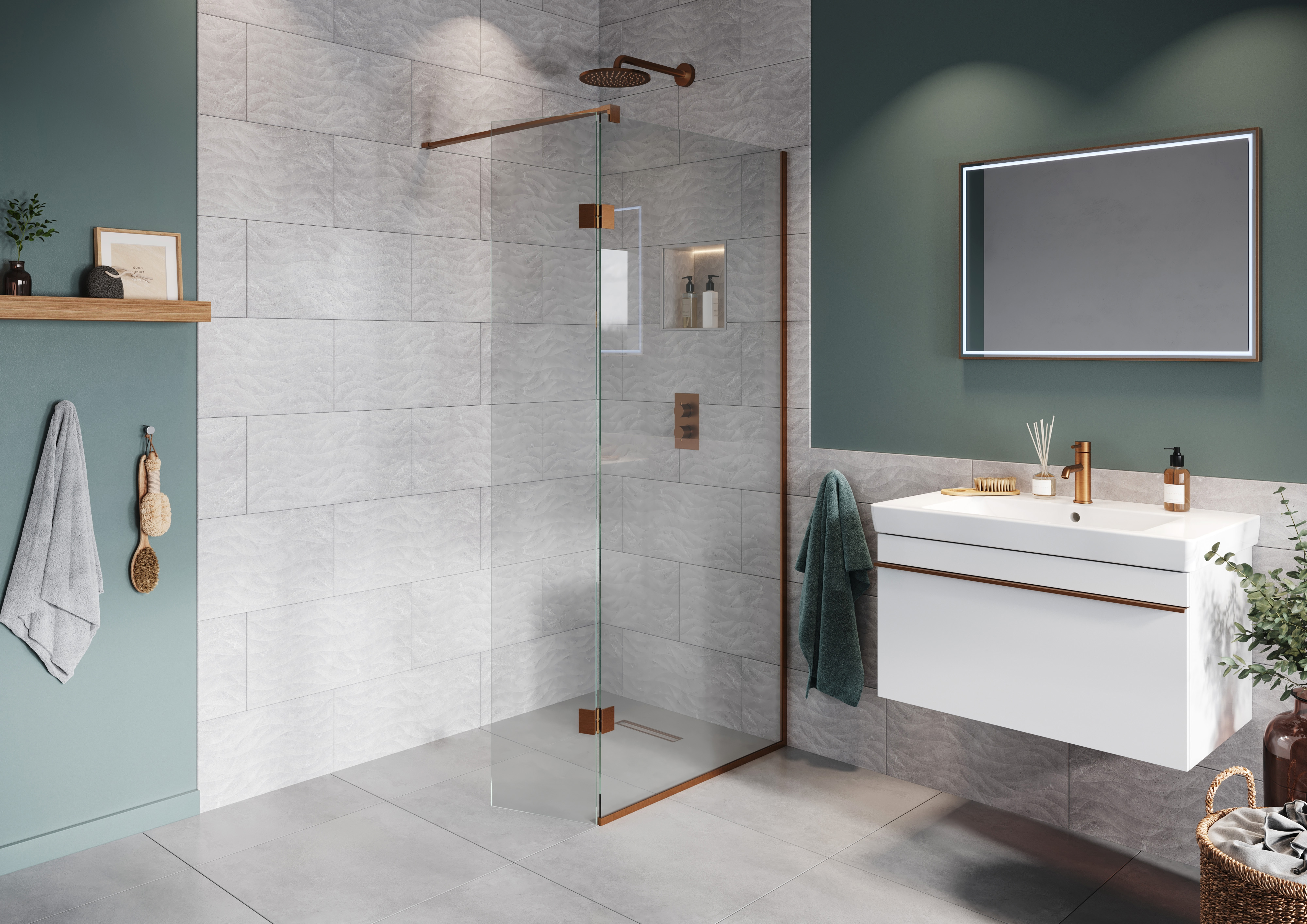 Image of Hadleigh 8mm Brushed Bronze 900mm Frameless Wetroom Screen with Wall Arm & 350mm Pivot Panel