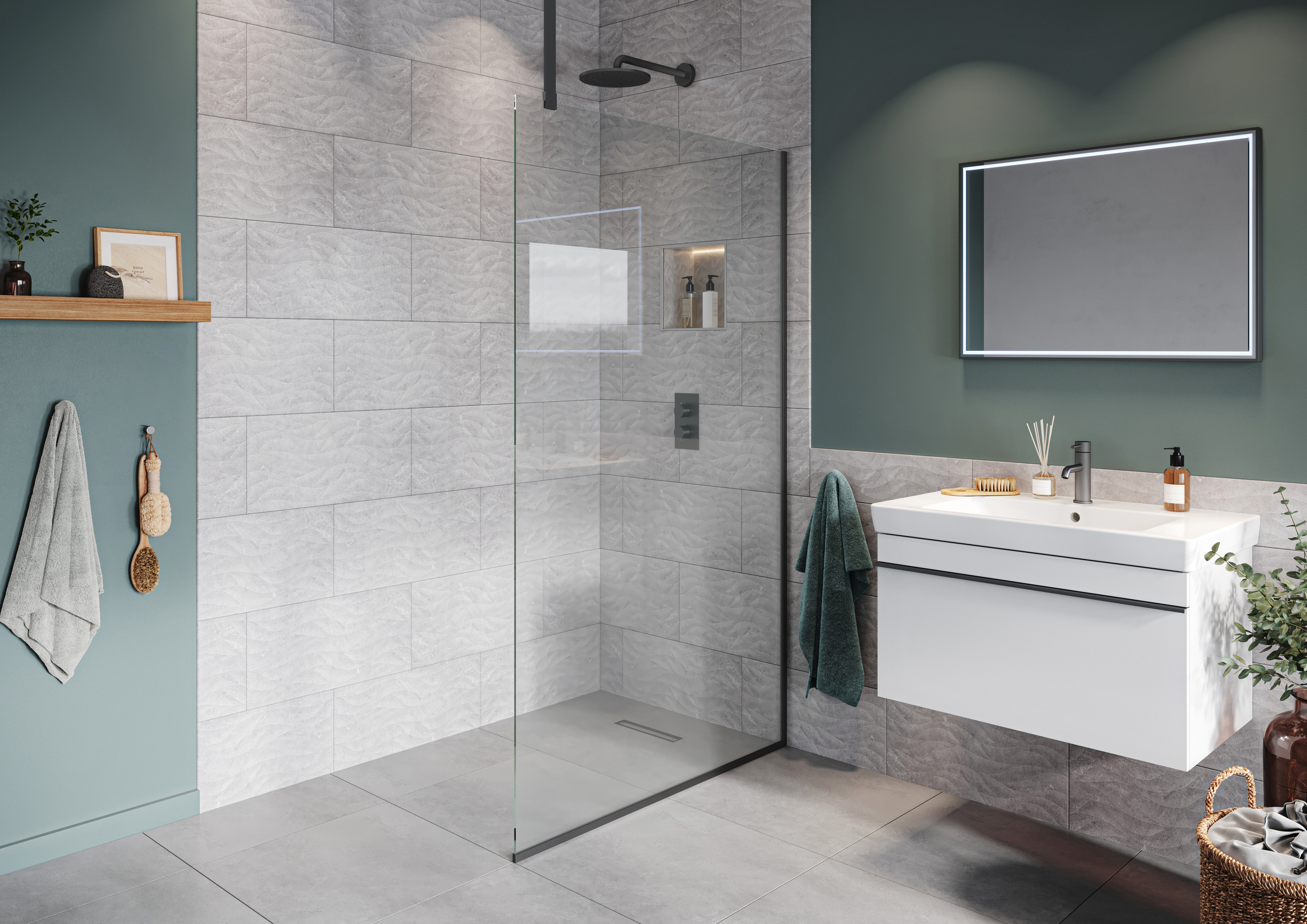 Hadleigh 8mm Matt Anthracite Frameless Wetroom Screen with Ceiling Arm - 700mm