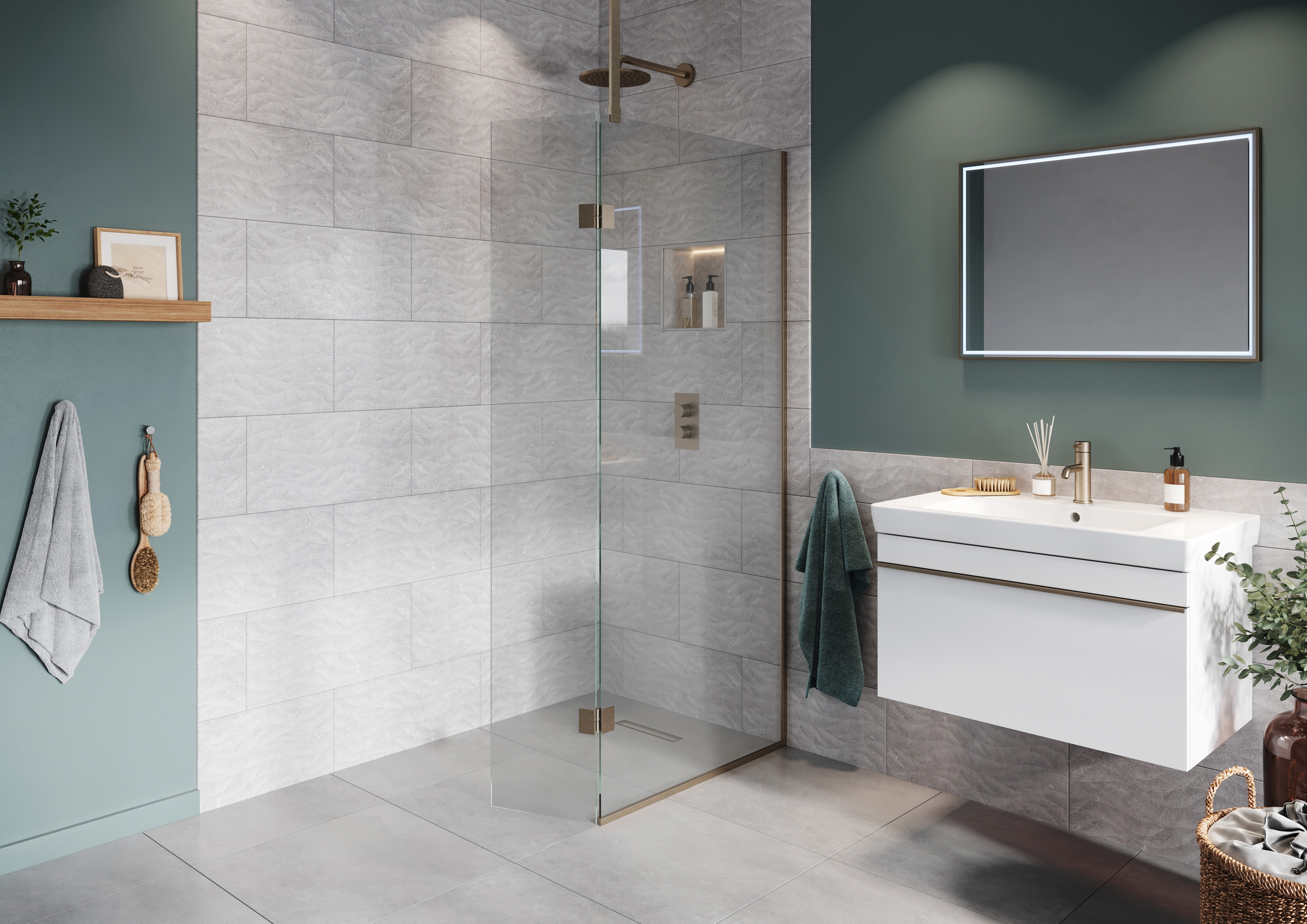 Hadleigh 8mm Brushed Nickel 700mm Frameless Wetroom Screen with Ceiling Arm & 350mm Pivot Panel