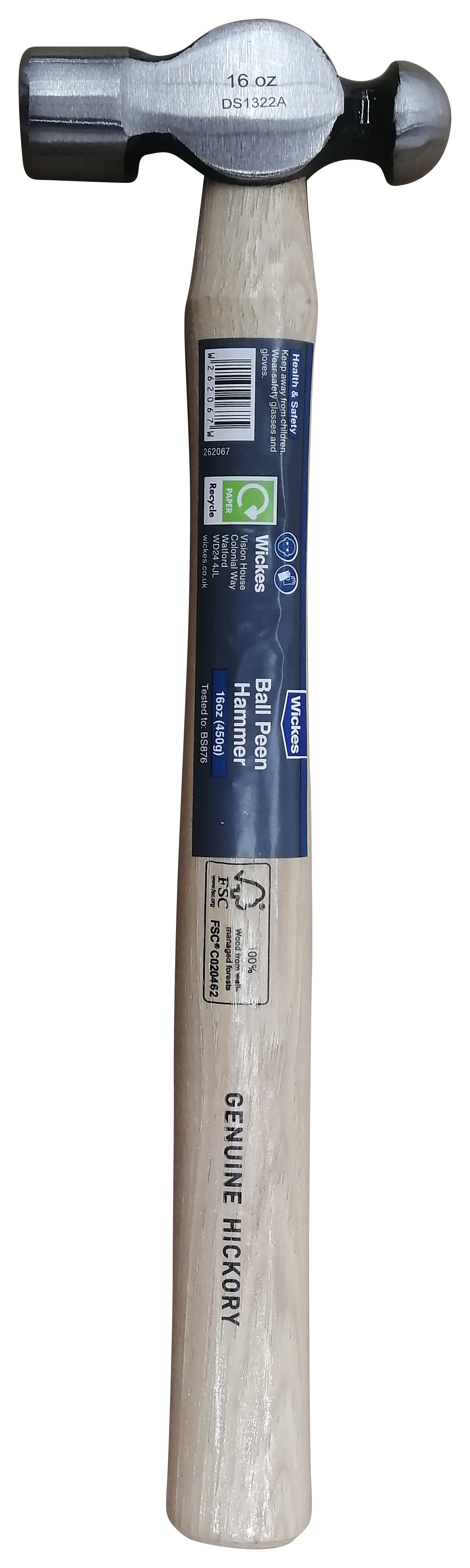 Image of Wickes Hickory Handle Ball Peen Hammer 16oz